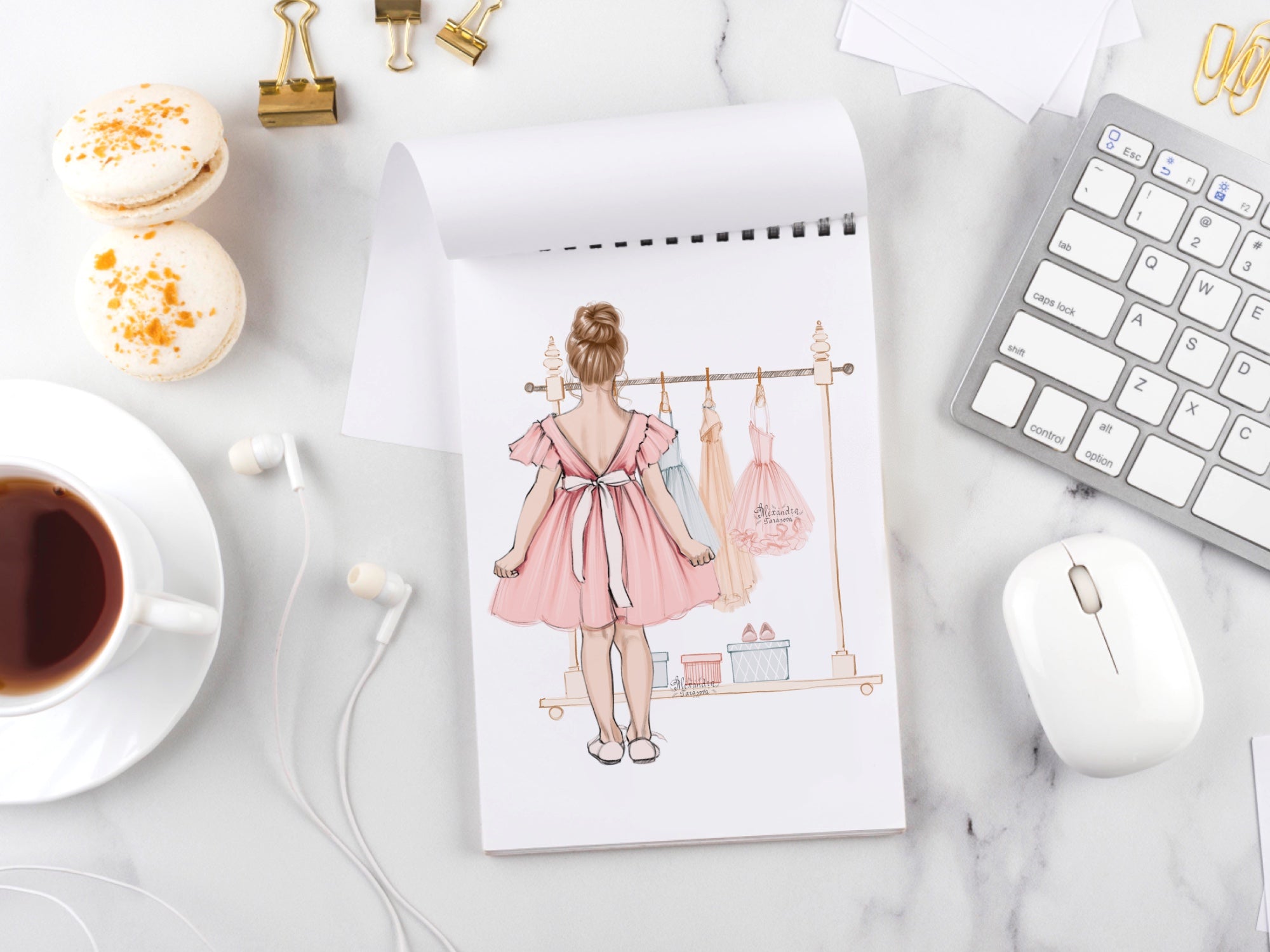 Digital Watercolor Illustration Little Princess Pink Dress Fashion Wardrobe Beauty Girl Printable Art Fashion Illustration Clipart Stickers