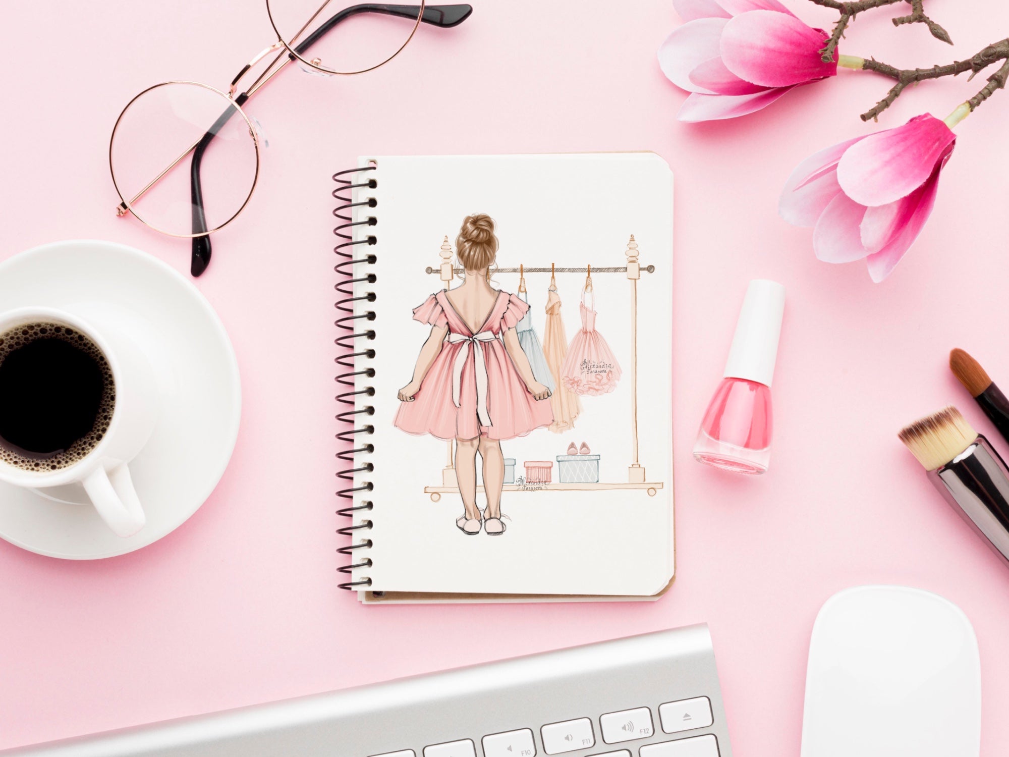 Digital Watercolor Illustration Little Princess Pink Dress Fashion Wardrobe Beauty Girl Printable Art Fashion Illustration Clipart Stickers