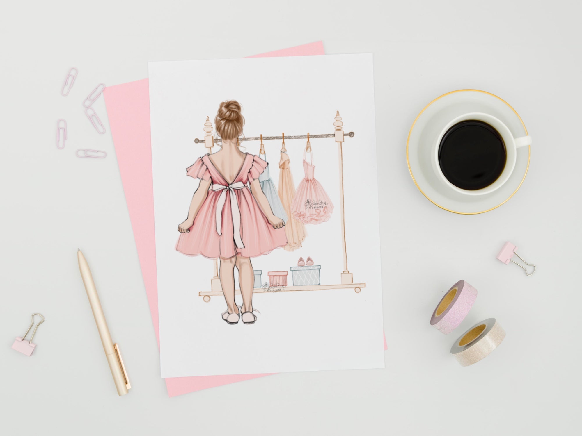 Digital Watercolor Illustration Little Princess Pink Dress Fashion Wardrobe Beauty Girl Printable Art Fashion Illustration Clipart Stickers