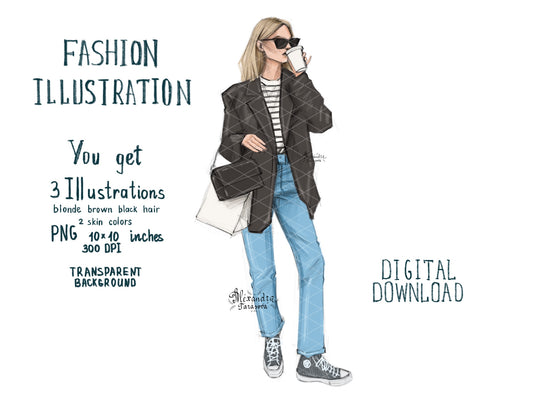 Digital Watercolor Illustration Fashion Girl Coffee Cup Blue Jeans Black Jacket Trendy Sunglasses Clipart Stickers Hand Drawn