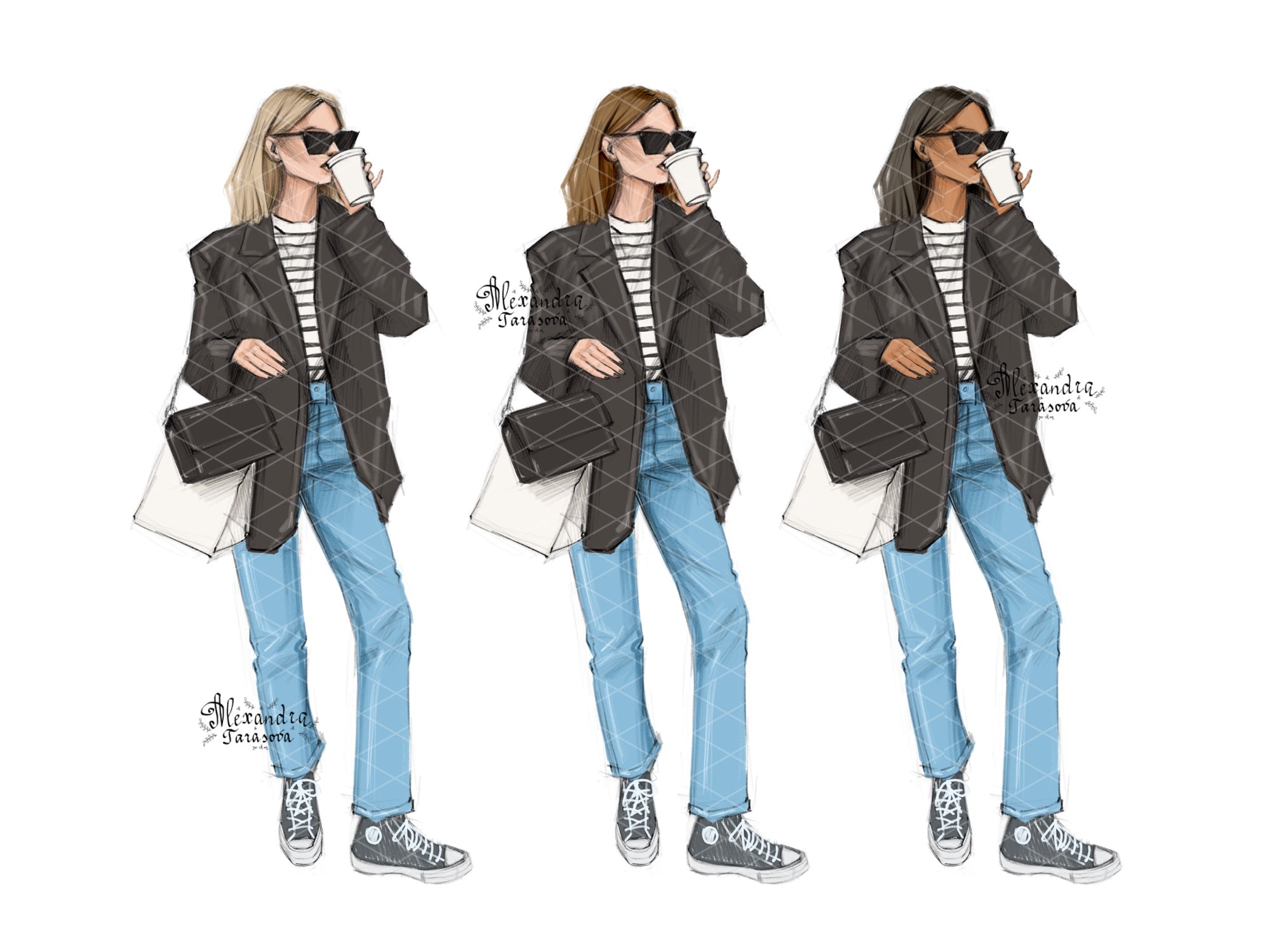 Digital Watercolor Illustration Fashion Girl Coffee Cup Blue Jeans Black Jacket Trendy Sunglasses Clipart Stickers Hand Drawn