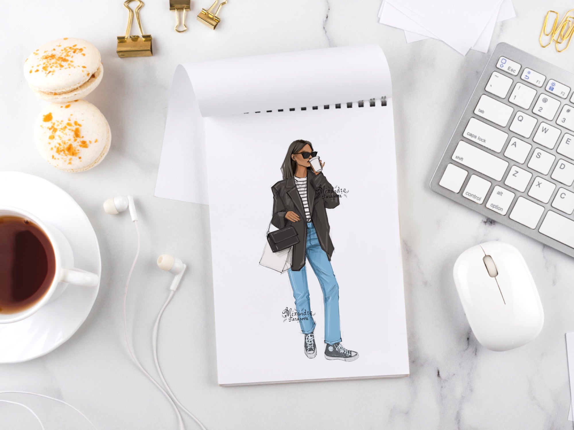Digital Watercolor Illustration Fashion Girl Coffee Cup Blue Jeans Black Jacket Trendy Sunglasses Clipart Stickers Hand Drawn