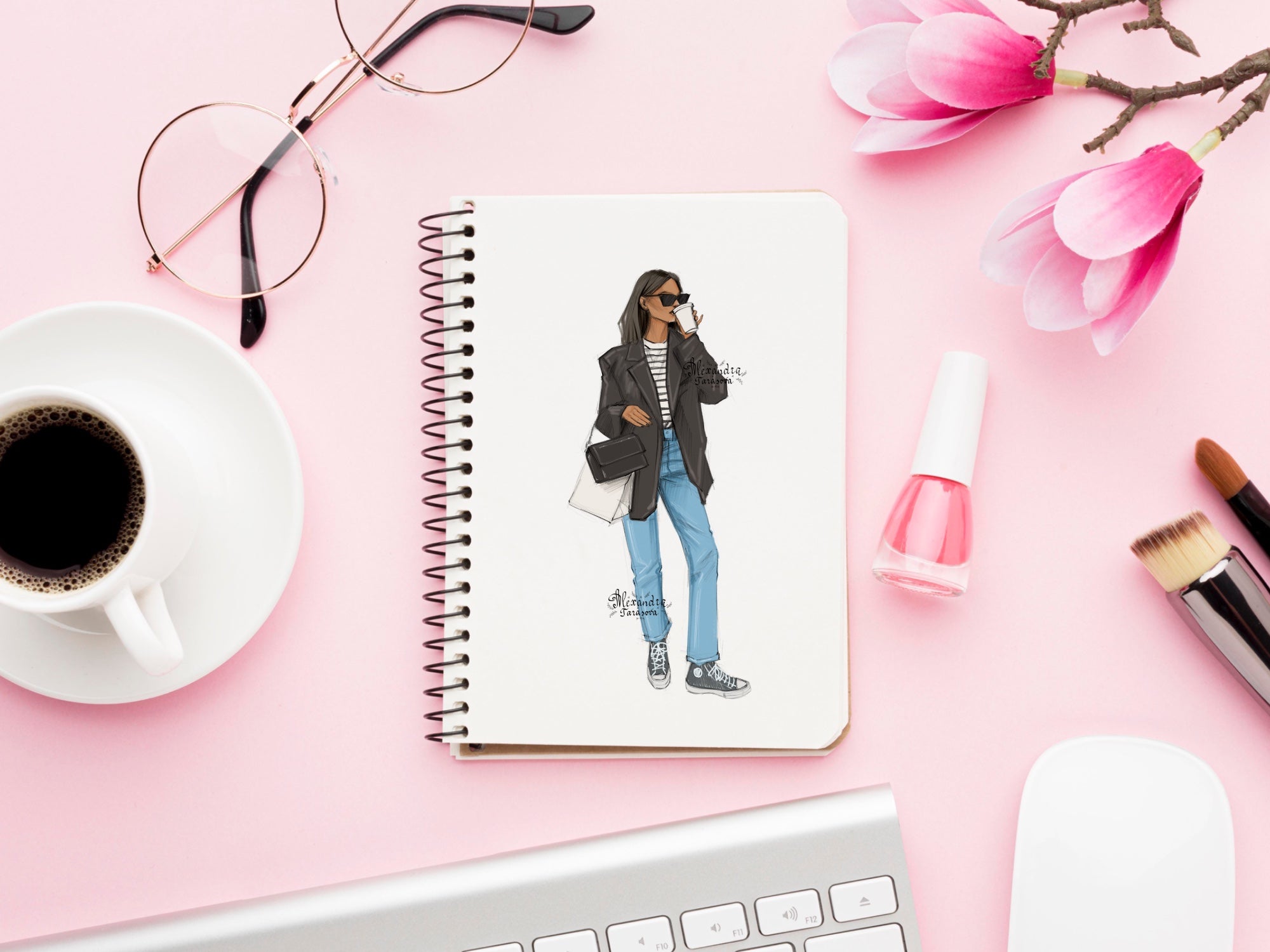 Digital Watercolor Illustration Fashion Girl Coffee Cup Blue Jeans Black Jacket Trendy Sunglasses Clipart Stickers Hand Drawn