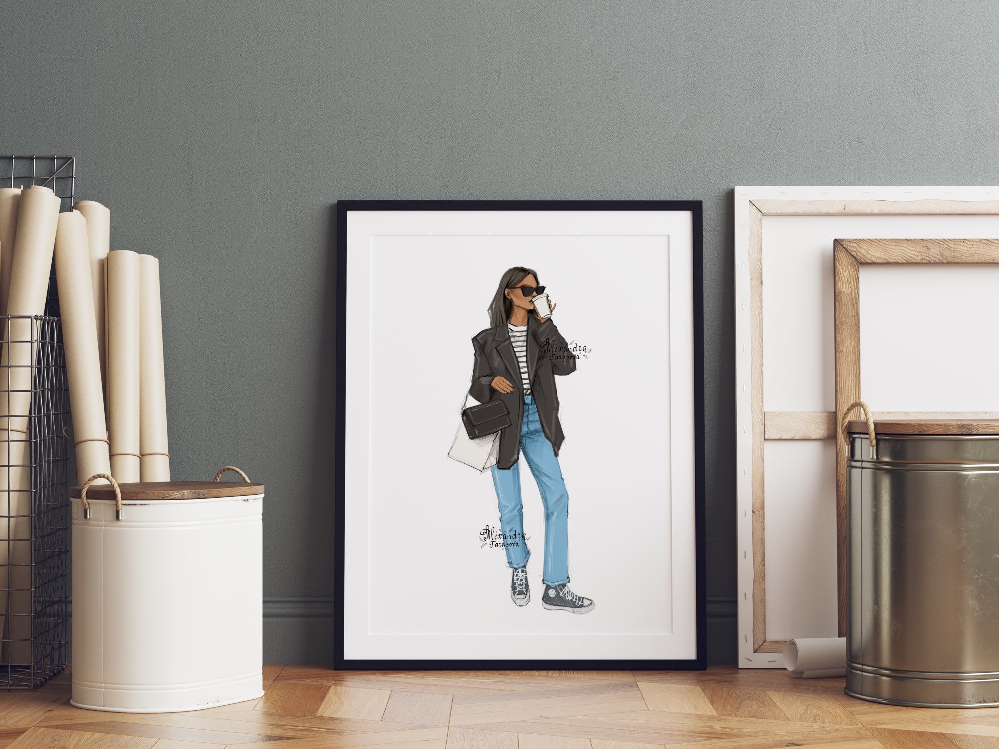 Digital Watercolor Illustration Fashion Girl Coffee Cup Blue Jeans Black Jacket Trendy Sunglasses Clipart Stickers Hand Drawn