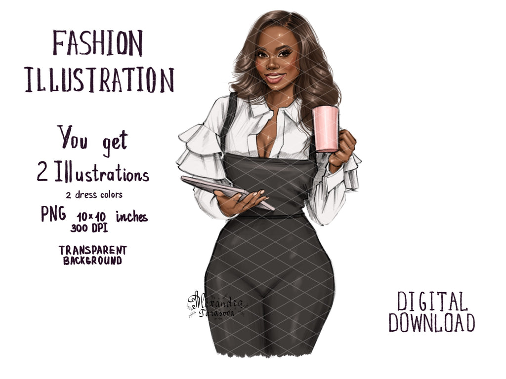 Digital Watercolor Illustration Hand Drawn Art Fashion Girl Black Boss Girl Coffee Mug African American Woman Printable Art Drawing Sketch