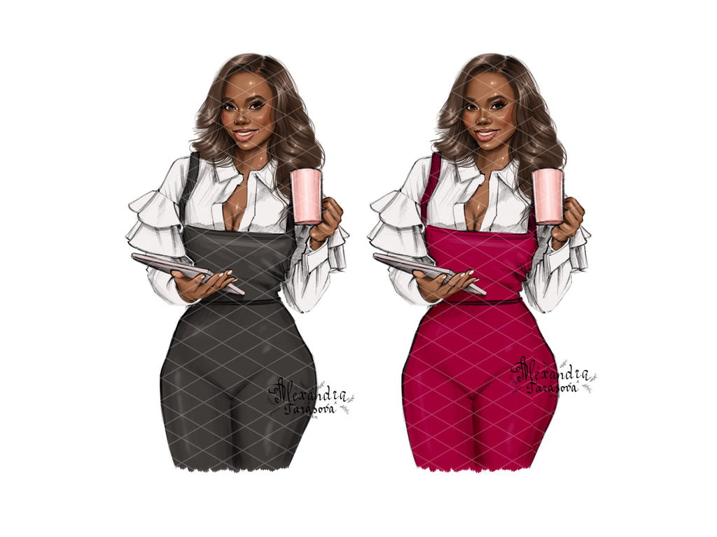 Digital Watercolor Illustration Hand Drawn Art Fashion Girl Black Boss Girl Coffee Mug African American Woman Printable Art Drawing Sketch