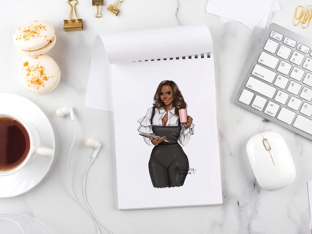 Digital Watercolor Illustration Hand Drawn Art Fashion Girl Black Boss Girl Coffee Mug African American Woman Printable Art Drawing Sketch
