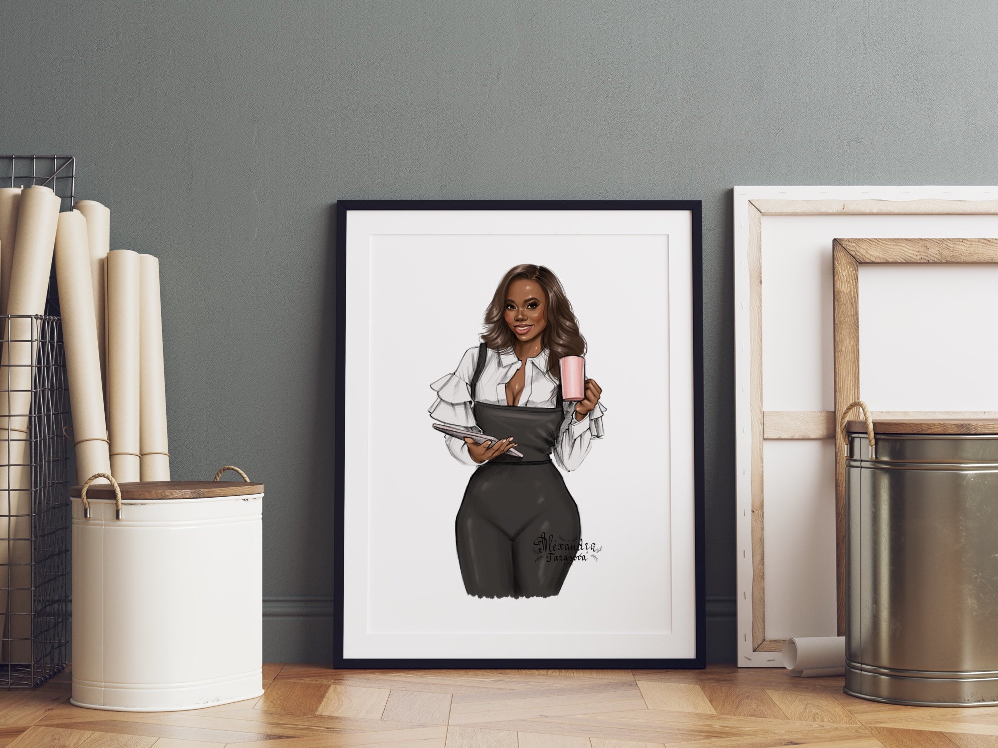 Digital Watercolor Illustration Hand Drawn Art Fashion Girl Black Boss Girl Coffee Mug African American Woman Printable Art Drawing Sketch