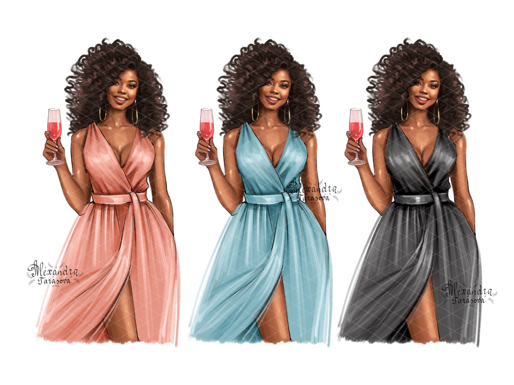 Fashion Girl African American Girl Clipart Pink Dress Black Dress Beauty Girl Digital Illustration Drawing Sketch Clipart Stickers