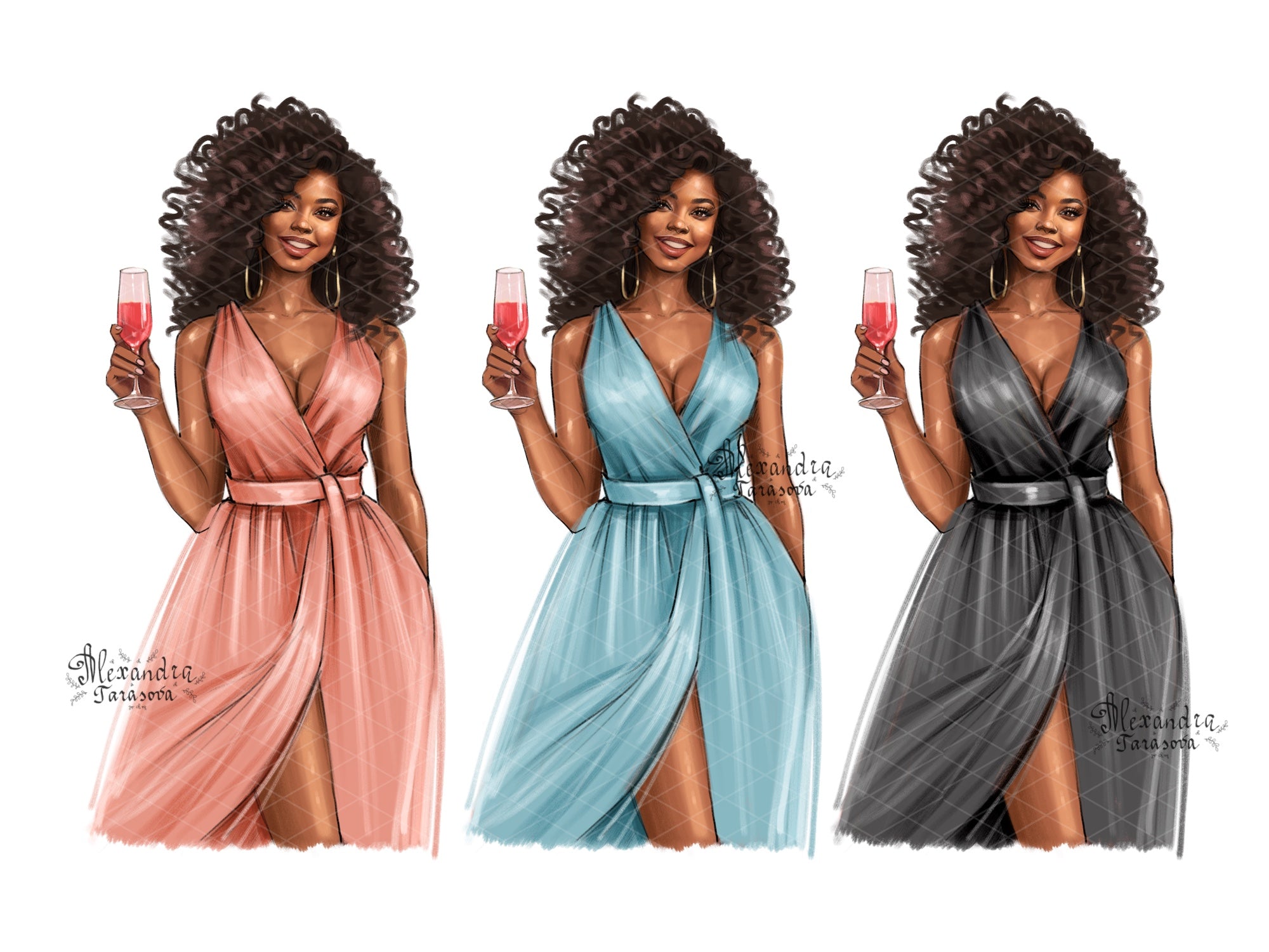 Fashion Girl African American Girl Clipart Pink Dress Black Dress Beauty Girl Digital Illustration Drawing Sketch Clipart Stickers