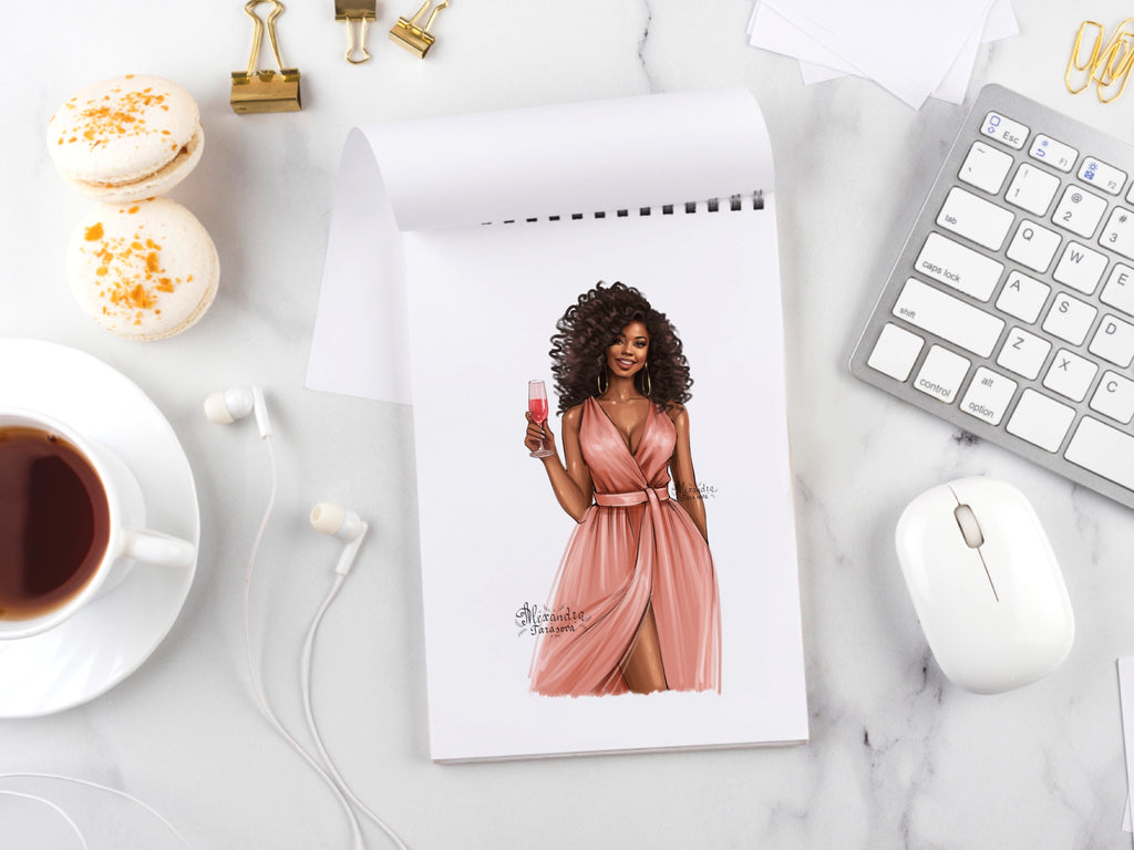 Fashion Girl African American Girl Clipart Pink Dress Black Dress Beauty Girl Digital Illustration Drawing Sketch Clipart Stickers