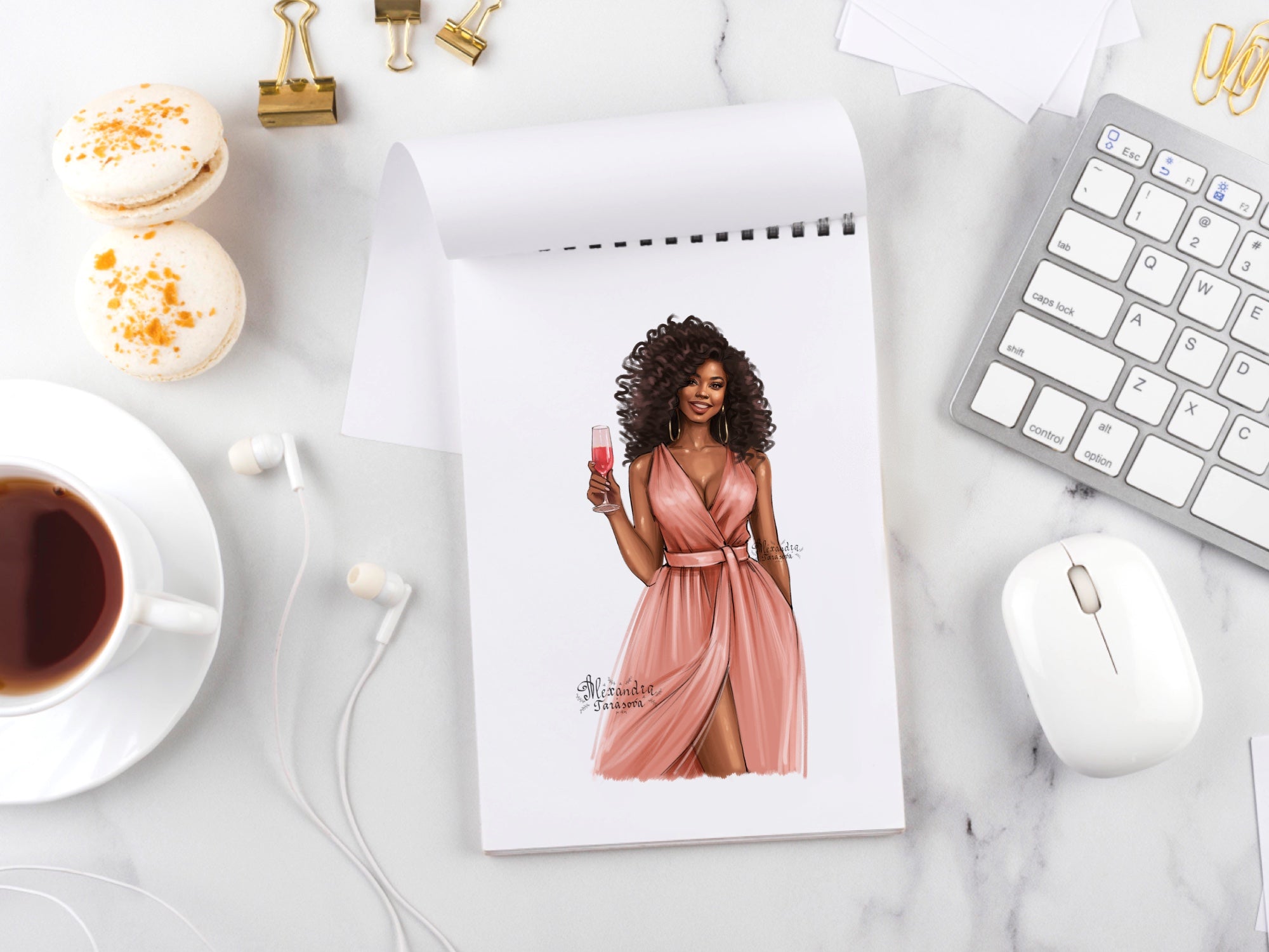 Fashion Girl African American Girl Clipart Pink Dress Black Dress Beauty Girl Digital Illustration Drawing Sketch Clipart Stickers