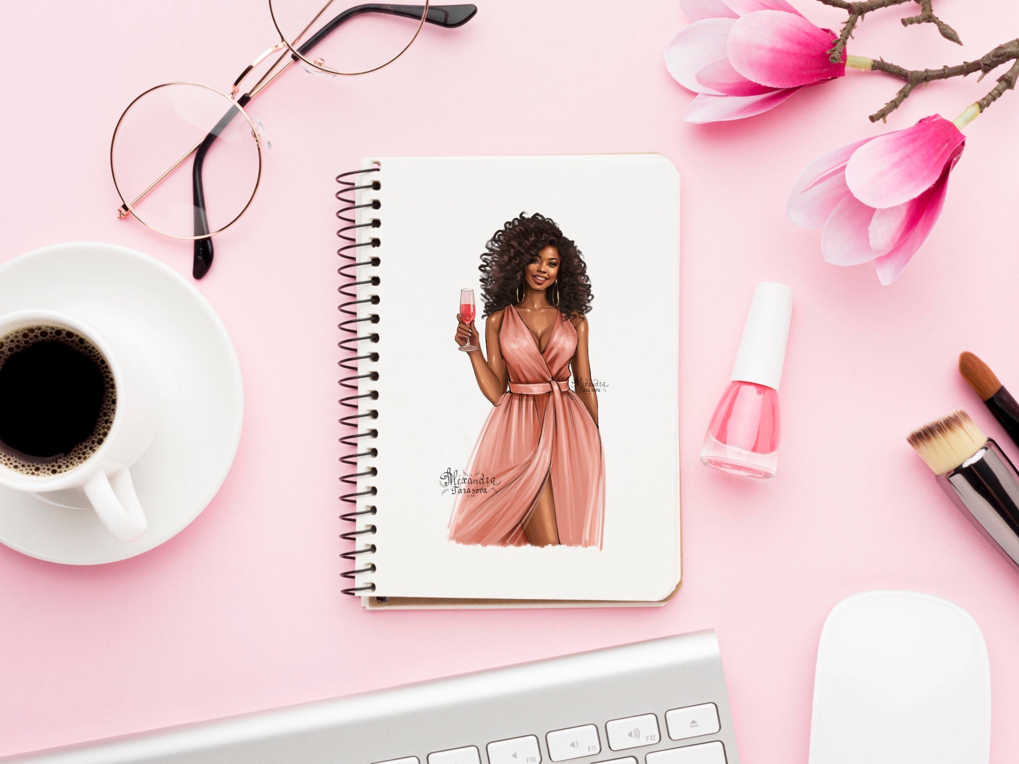 Fashion Girl African American Girl Clipart Pink Dress Black Dress Beauty Girl Digital Illustration Drawing Sketch Clipart Stickers