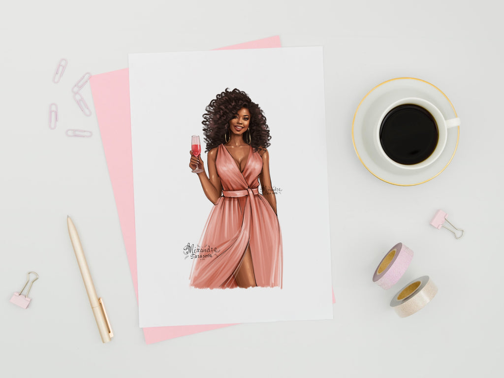 Fashion Girl African American Girl Clipart Pink Dress Black Dress Beauty Girl Digital Illustration Drawing Sketch Clipart Stickers