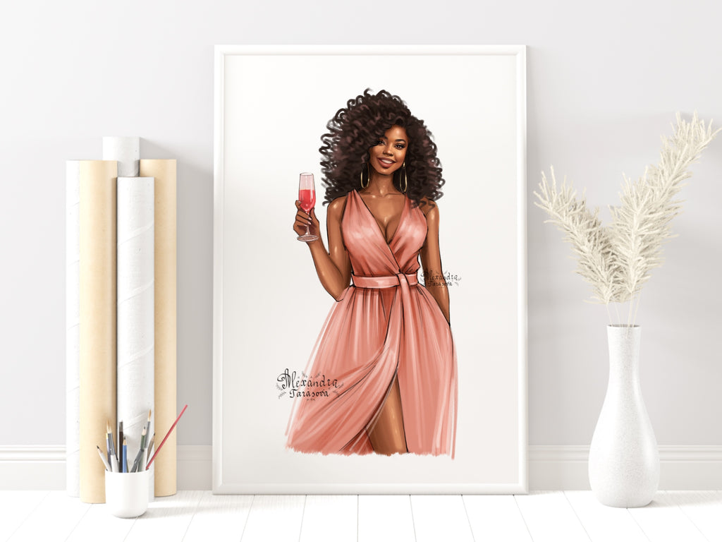 Fashion Girl African American Girl Clipart Pink Dress Black Dress Beauty Girl Digital Illustration Drawing Sketch Clipart Stickers