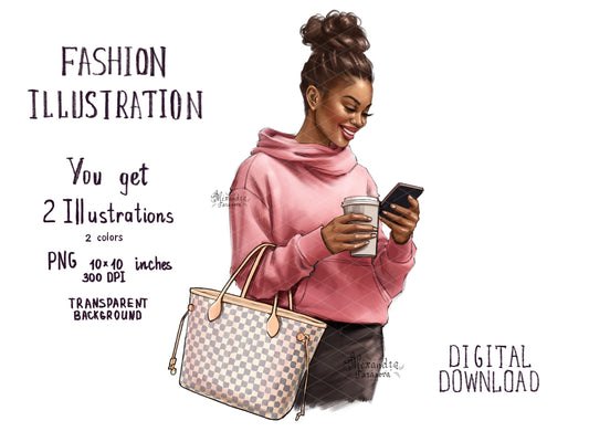 Digital Watercolor Illustration Black Boss Girl African American Girl Clipart Pink Sweater Coffee Cup Boss Girl Trendy Bag Drawing Sketch