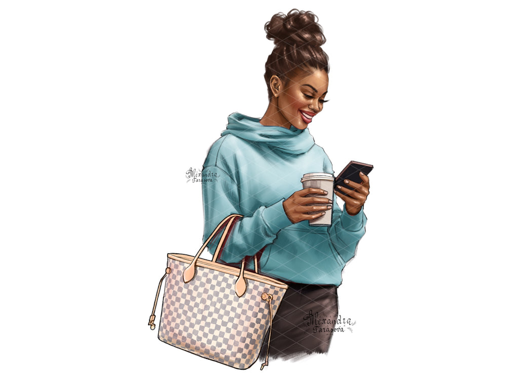 Digital Watercolor Illustration Black Boss Girl African American Girl Clipart Pink Sweater Coffee Cup Boss Girl Trendy Bag Drawing Sketch