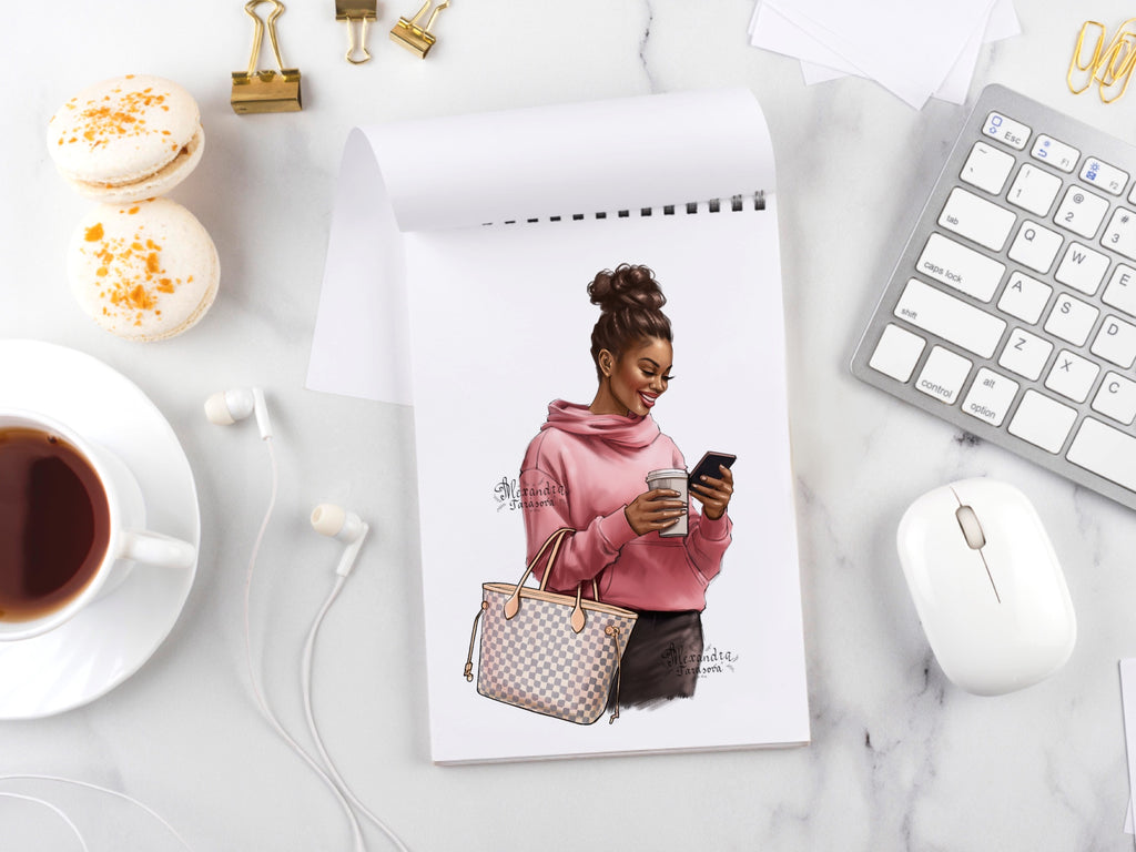 Digital Watercolor Illustration Black Boss Girl African American Girl Clipart Pink Sweater Coffee Cup Boss Girl Trendy Bag Drawing Sketch