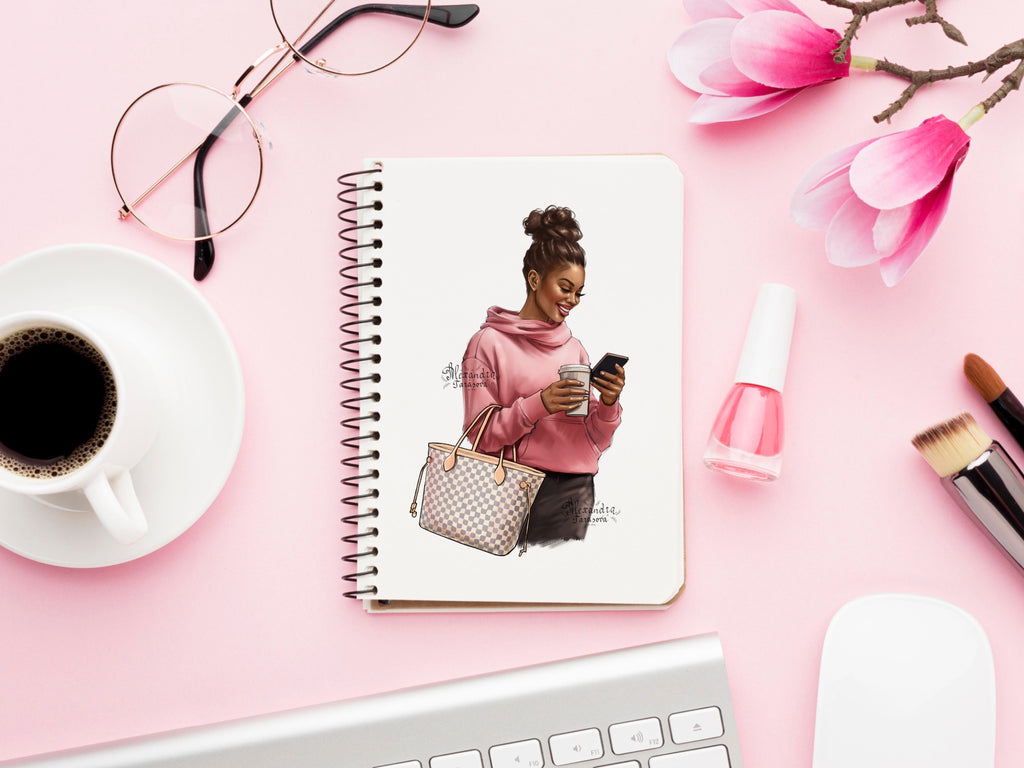 Digital Watercolor Illustration Black Boss Girl African American Girl Clipart Pink Sweater Coffee Cup Boss Girl Trendy Bag Drawing Sketch