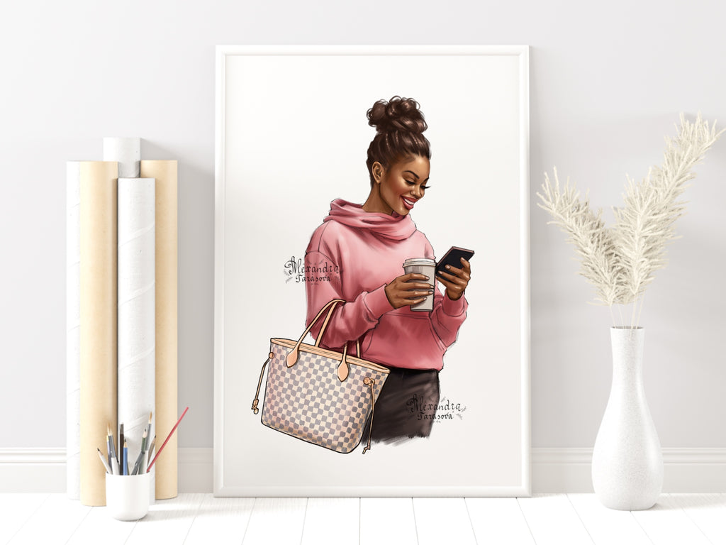 Digital Watercolor Illustration Black Boss Girl African American Girl Clipart Pink Sweater Coffee Cup Boss Girl Trendy Bag Drawing Sketch