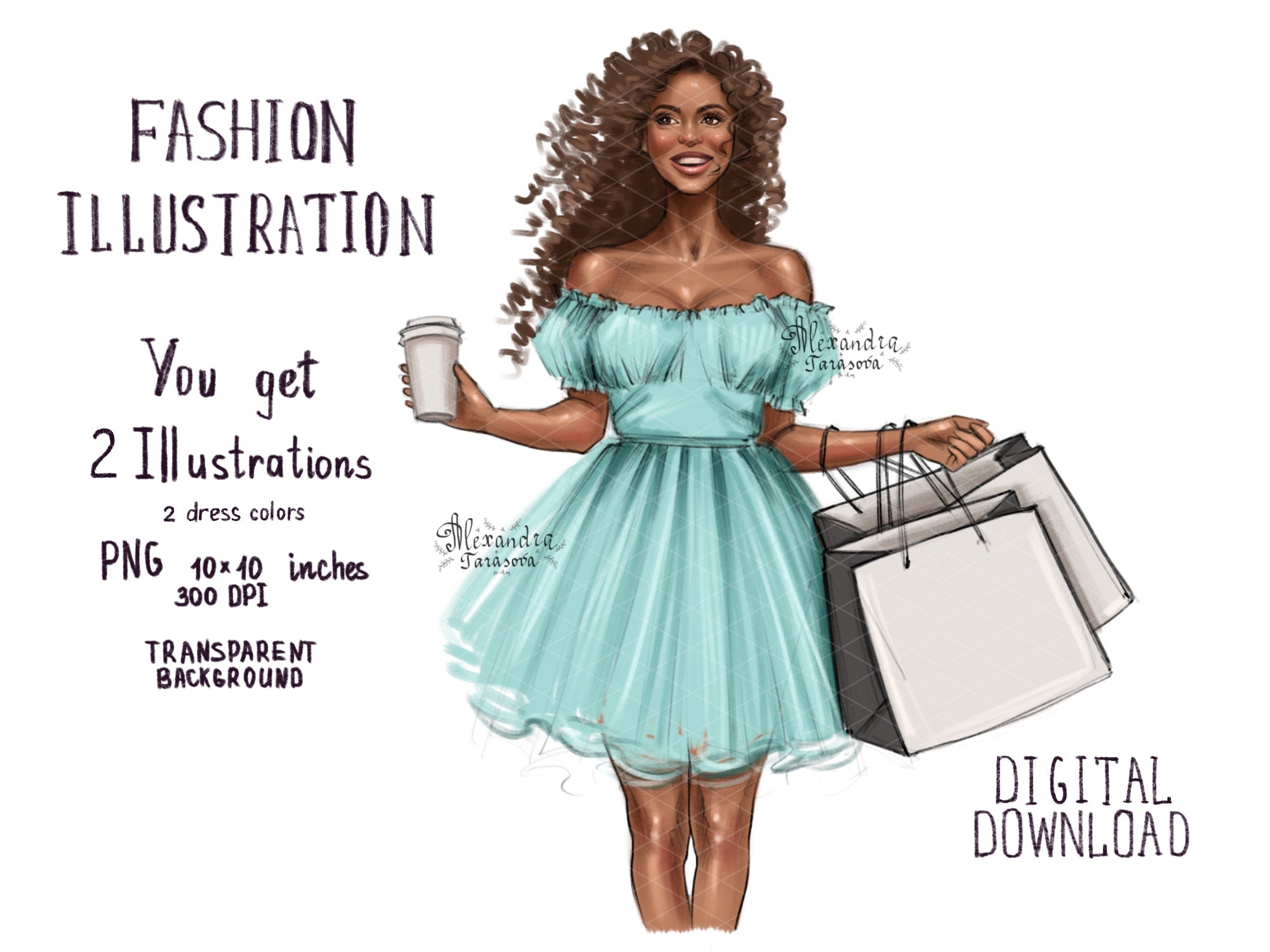 Fashion Girl African American Woman Black Girl Clipart Blu Pink Summer Dress Digital Watercolor Illustration Printable Art Shopping Bags