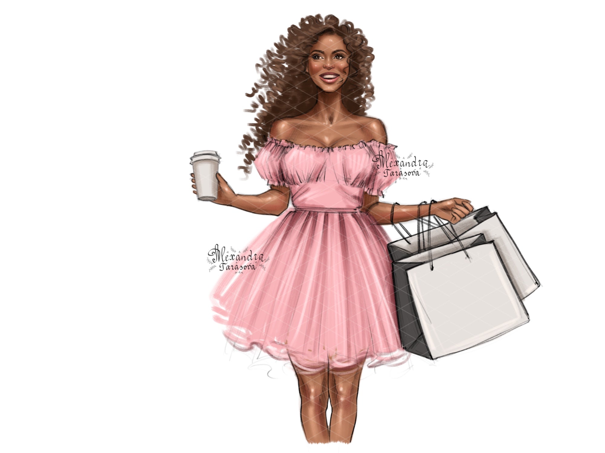 Fashion Girl African American Woman Black Girl Clipart Blu Pink Summer Dress Digital Watercolor Illustration Printable Art Shopping Bags