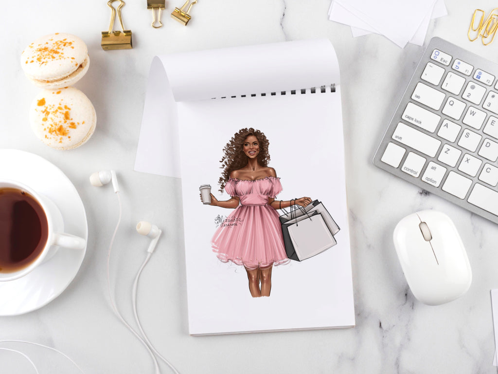 Fashion Girl African American Woman Black Girl Clipart Blu Pink Summer Dress Digital Watercolor Illustration Printable Art Shopping Bags