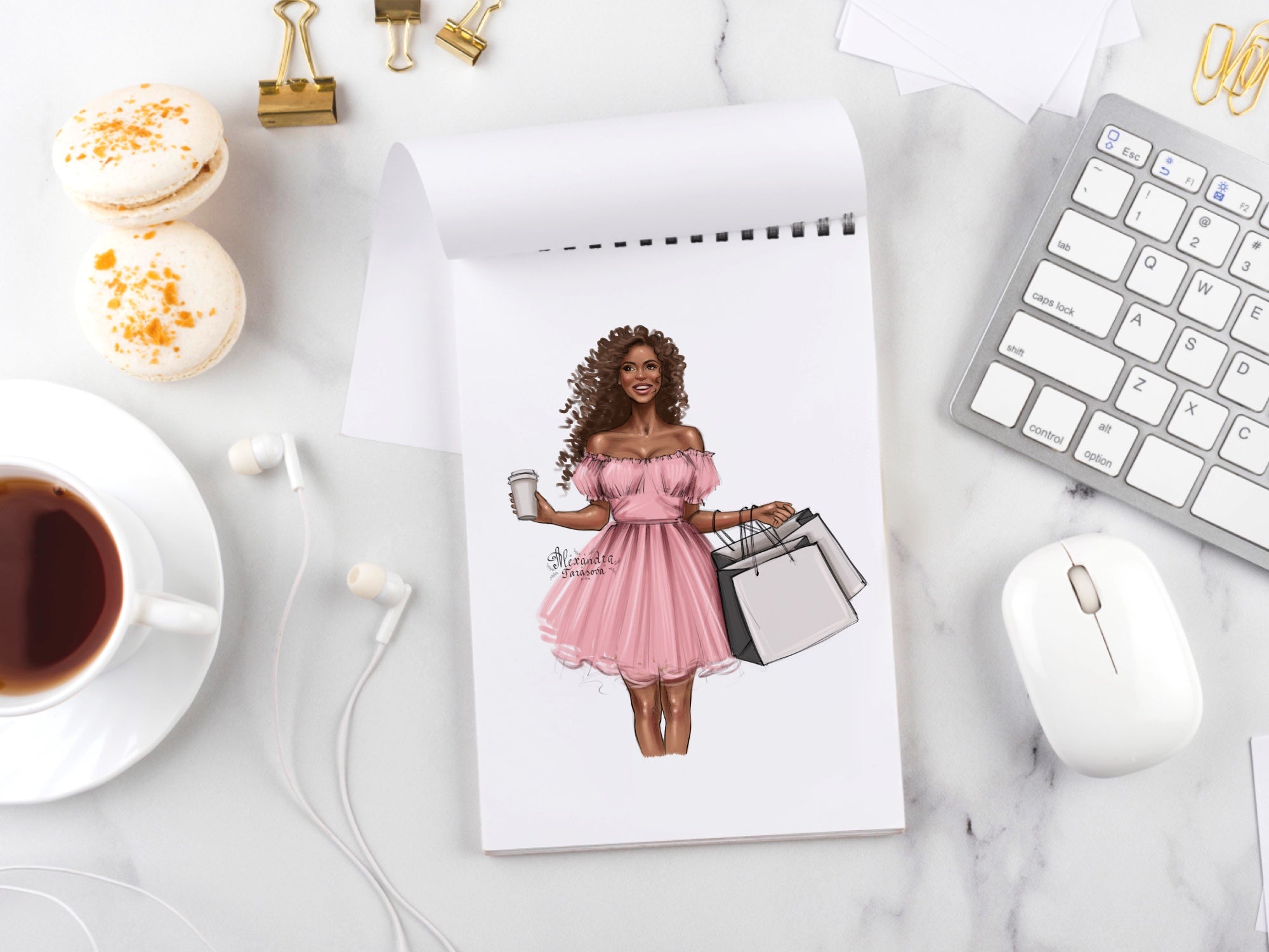 Fashion Girl African American Woman Black Girl Clipart Blu Pink Summer Dress Digital Watercolor Illustration Printable Art Shopping Bags