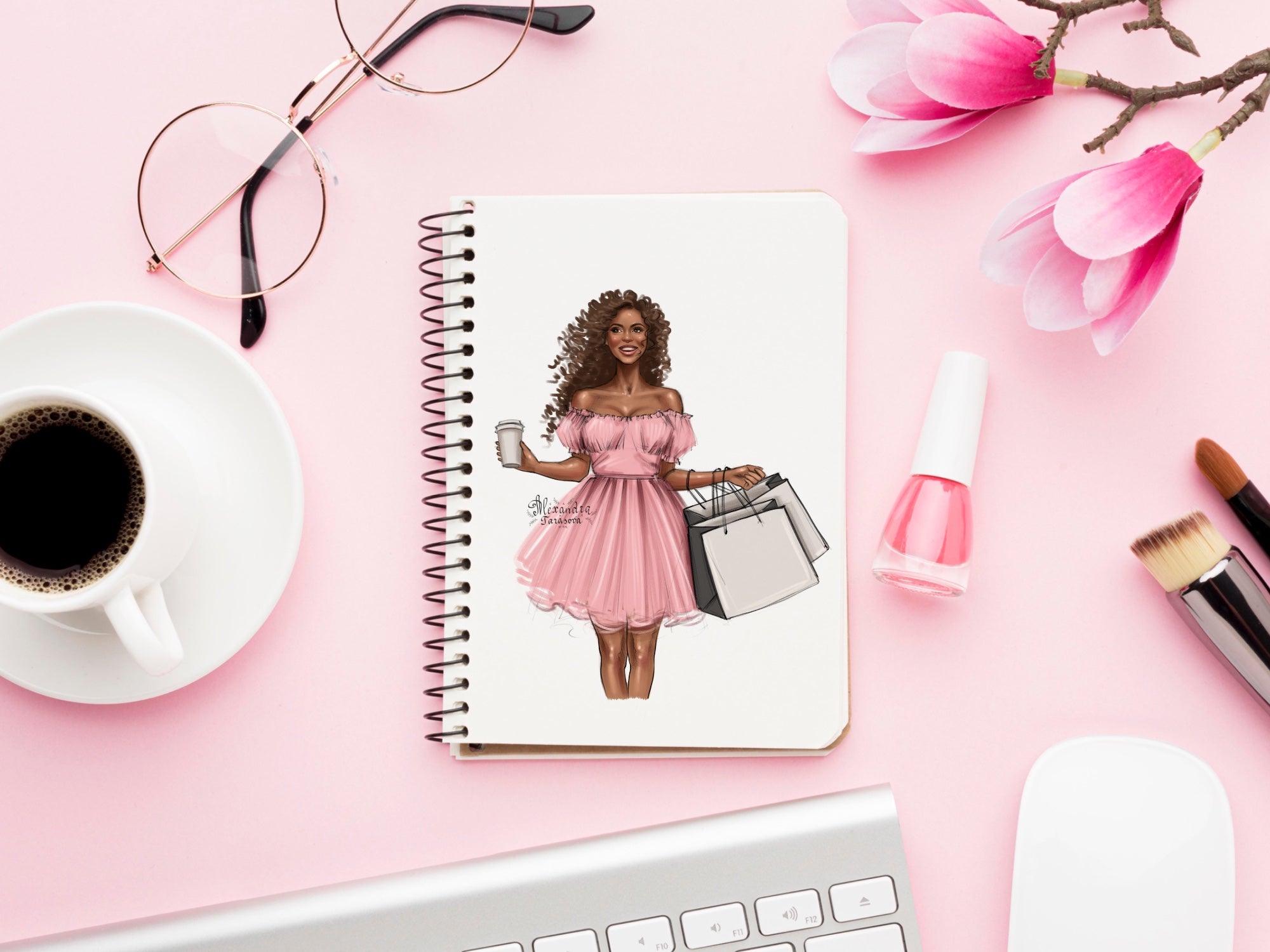Fashion Girl African American Woman Black Girl Clipart Blu Pink Summer Dress Digital Watercolor Illustration Printable Art Shopping Bags