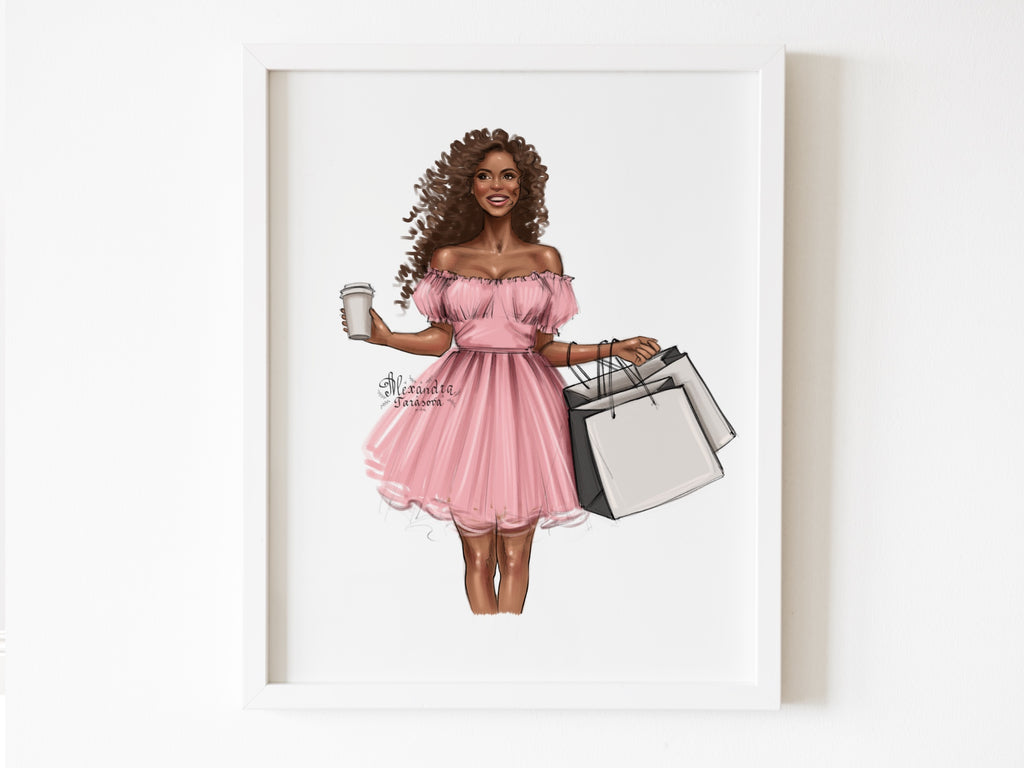 Fashion Girl African American Woman Black Girl Clipart Blu Pink Summer Dress Digital Watercolor Illustration Printable Art Shopping Bags