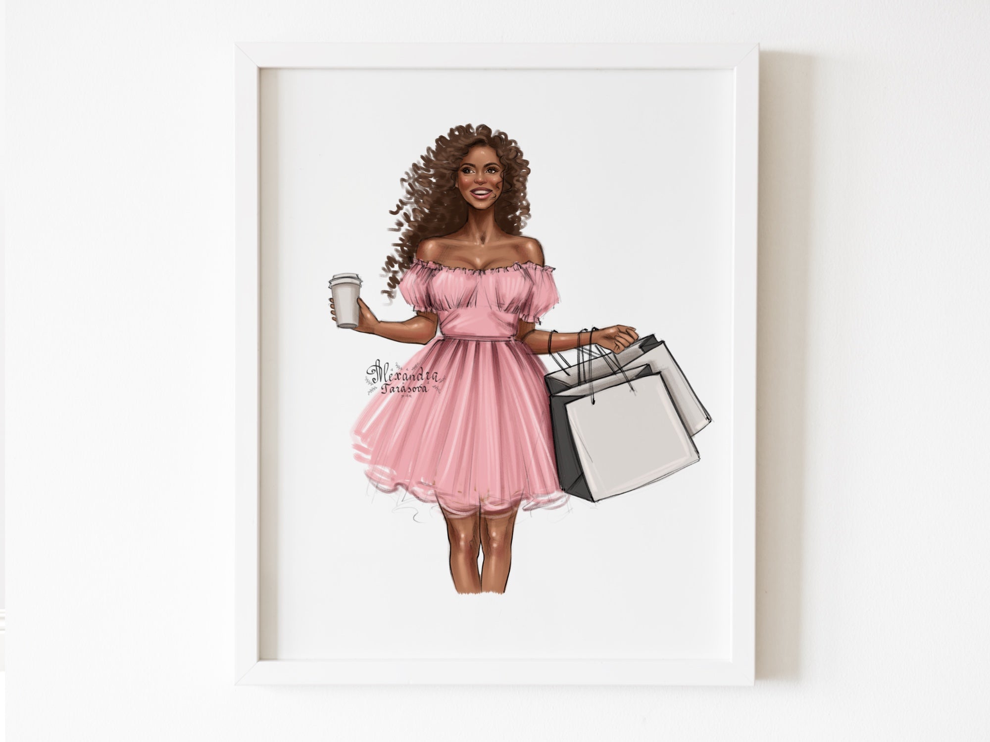 Fashion Girl African American Woman Black Girl Clipart Blu Pink Summer Dress Digital Watercolor Illustration Printable Art Shopping Bags