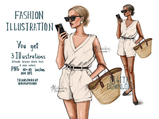 Digital Watercolor Illustration Fashion Girl Lady Boss Summer Outfit Trendy Hairstyles Drawing Sketch Clipart Stickers