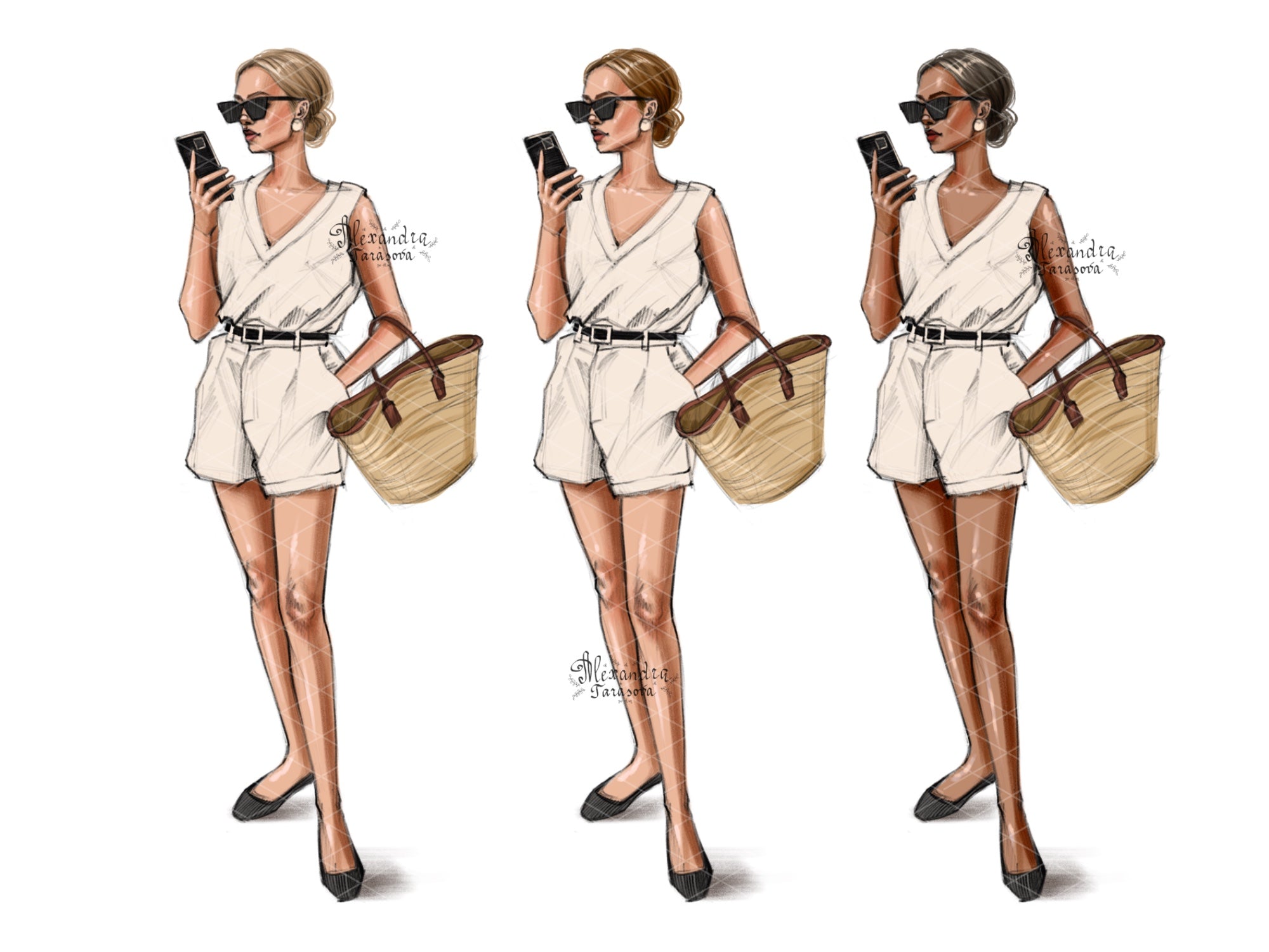 Digital Watercolor Illustration Fashion Girl Lady Boss Summer Outfit Trendy Hairstyles Drawing Sketch Clipart Stickers