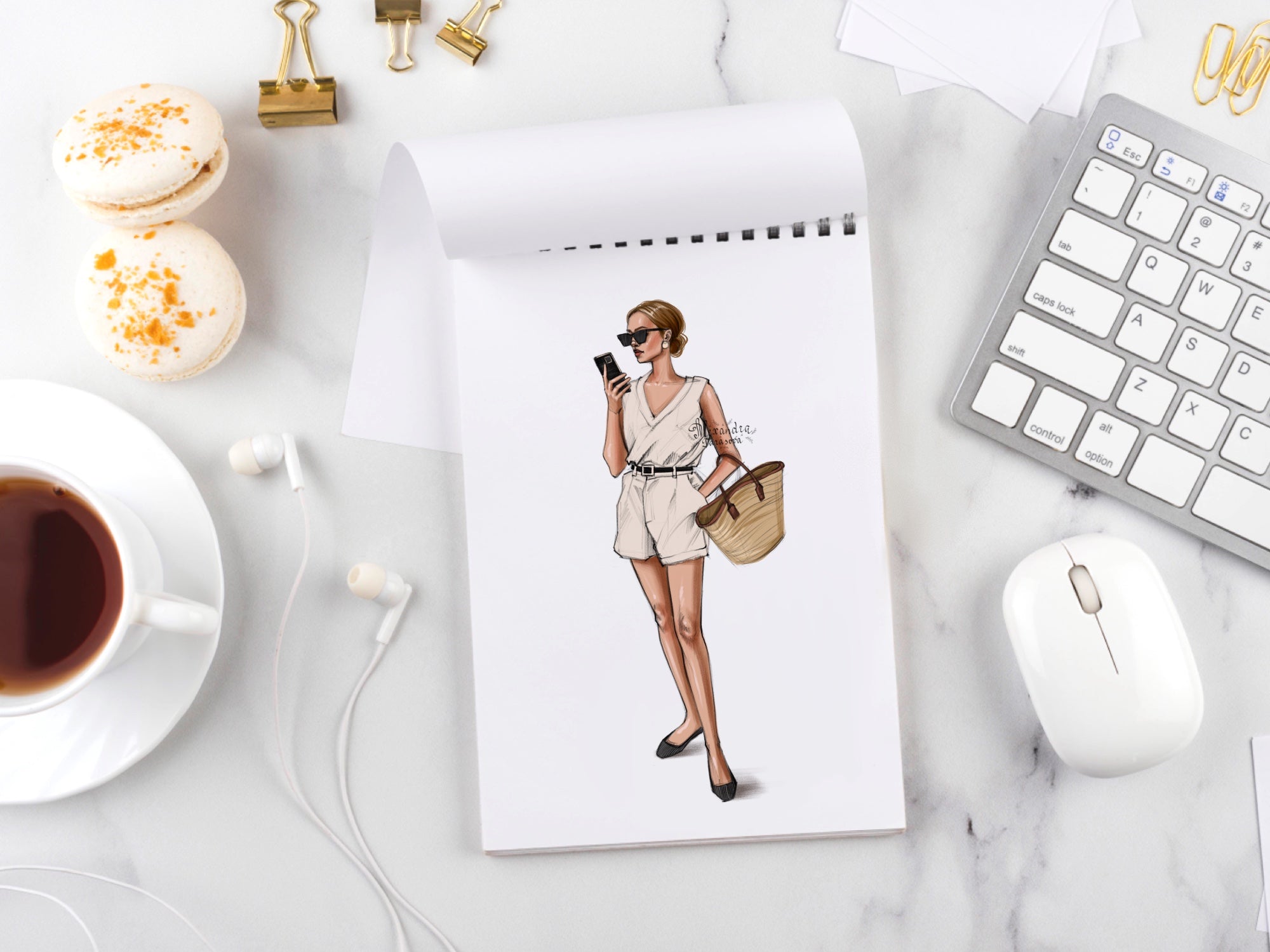 Digital Watercolor Illustration Fashion Girl Lady Boss Summer Outfit Trendy Hairstyles Drawing Sketch Clipart Stickers