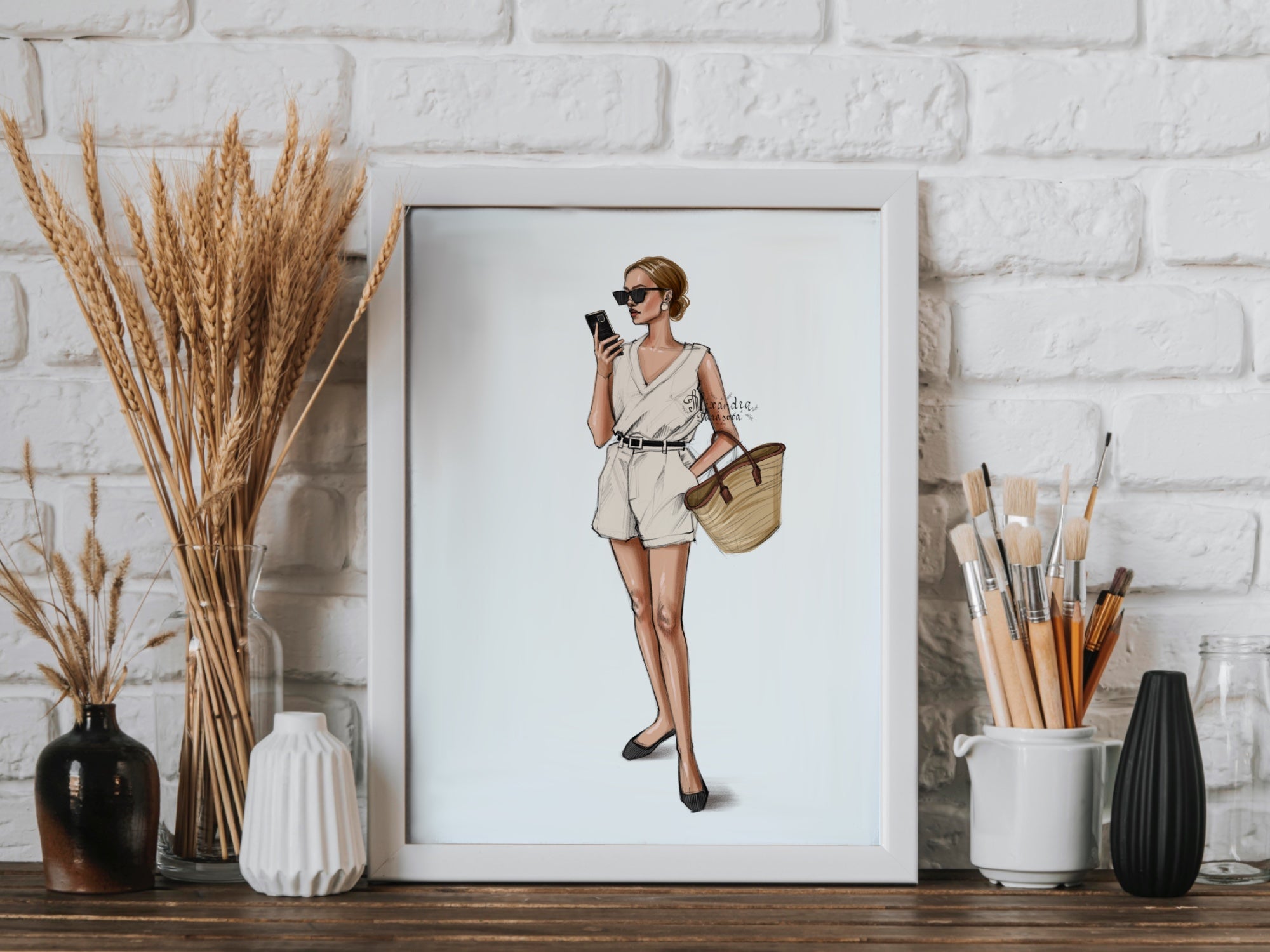 Digital Watercolor Illustration Fashion Girl Lady Boss Summer Outfit Trendy Hairstyles Drawing Sketch Clipart Stickers