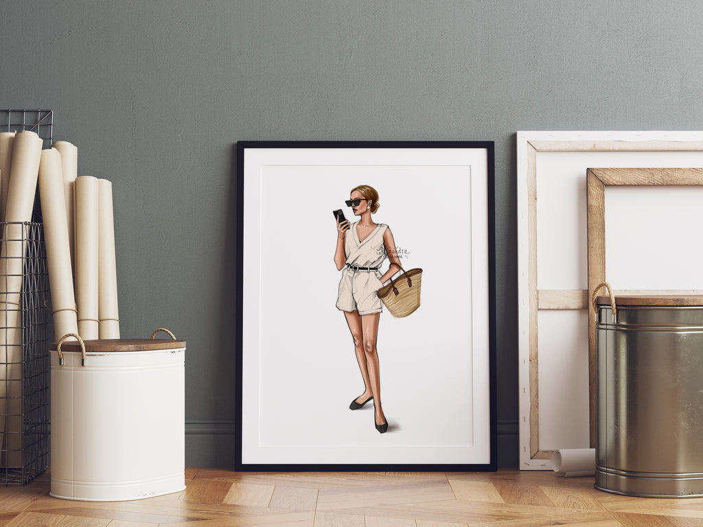 Digital Watercolor Illustration Fashion Girl Lady Boss Summer Outfit Trendy Hairstyles Drawing Sketch Clipart Stickers