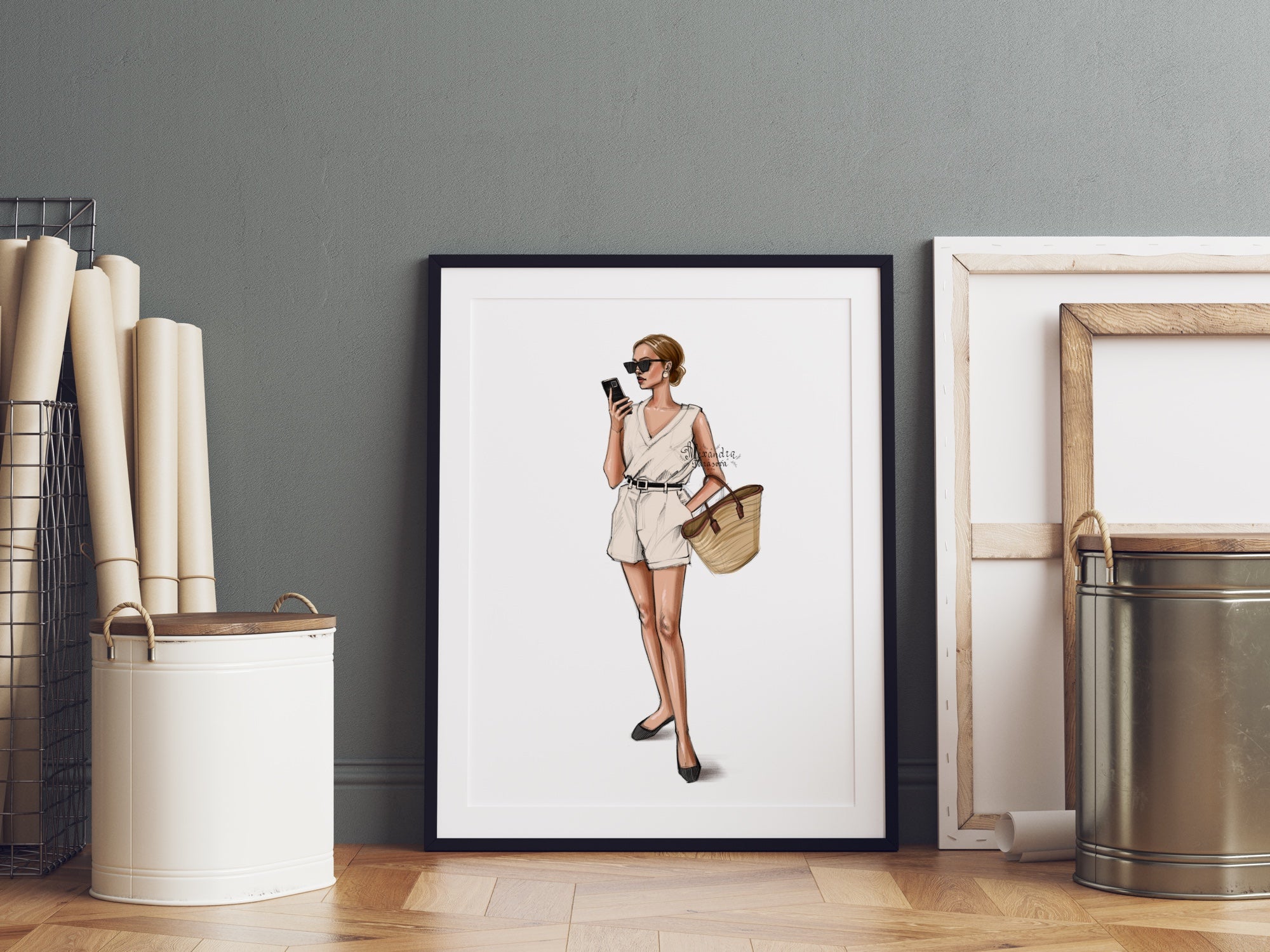 Digital Watercolor Illustration Fashion Girl Lady Boss Summer Outfit Trendy Hairstyles Drawing Sketch Clipart Stickers