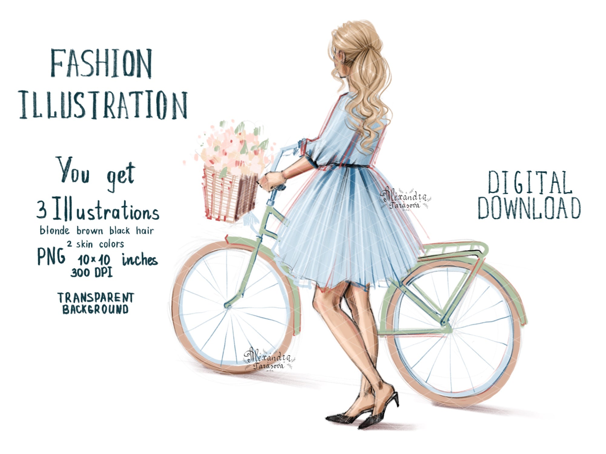 Fashion Girl Digital Watercolor Illustration Summer Flowers Blue Dress Trendy Hairstyles Bicycle Clipart Stickers