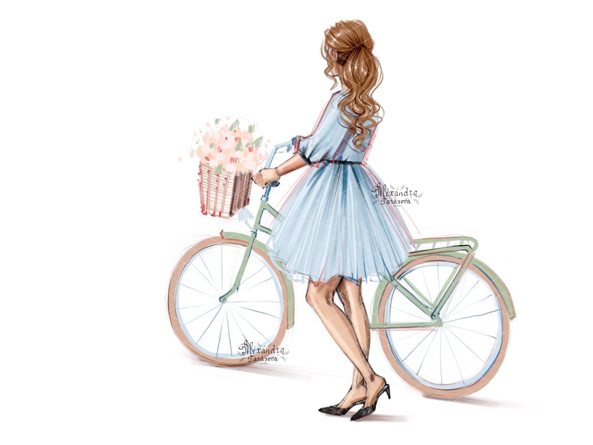 Fashion Girl Digital Watercolor Illustration Summer Flowers Blue Dress Trendy Hairstyles Bicycle Clipart Stickers