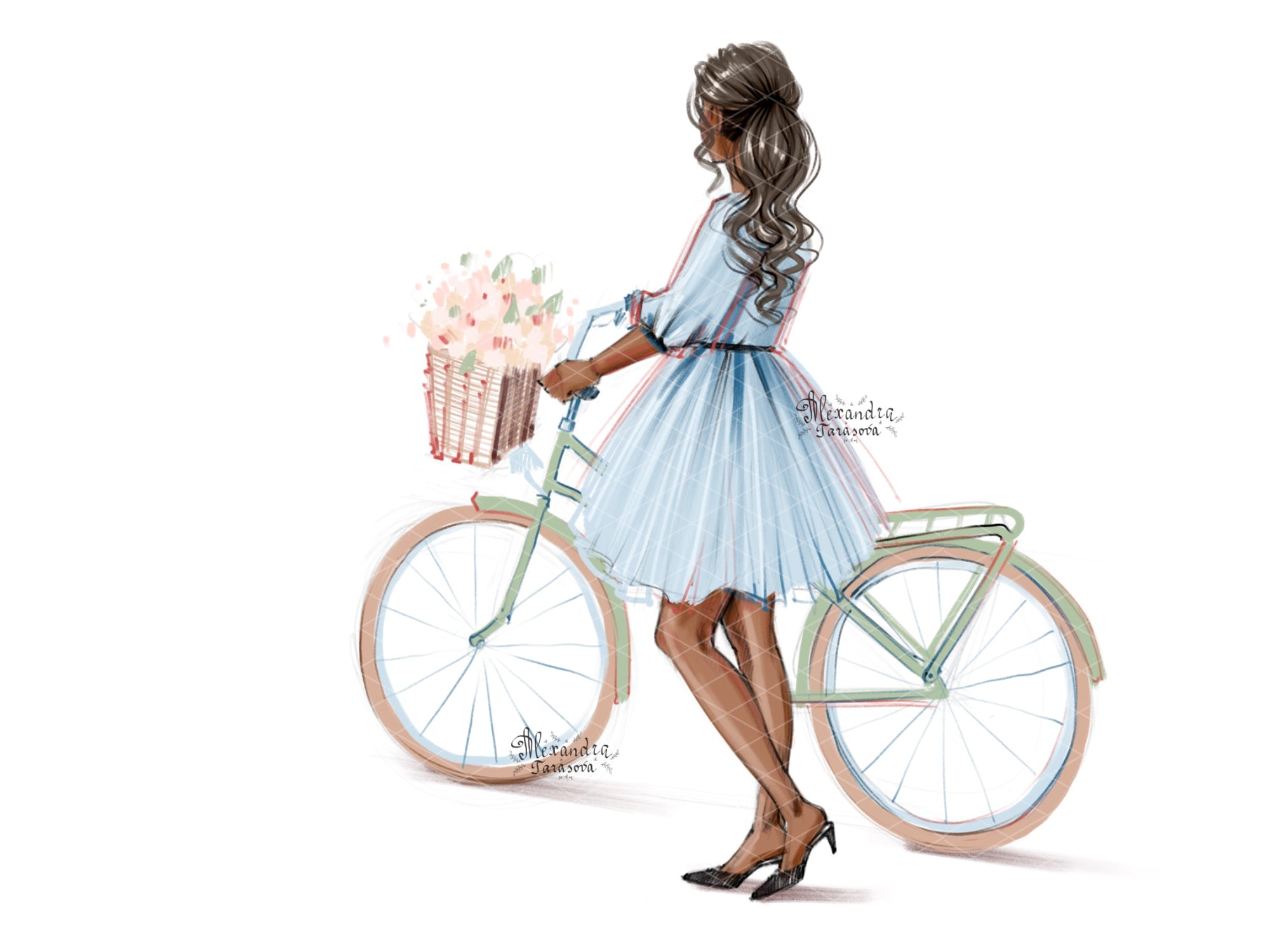 Fashion Girl Digital Watercolor Illustration Summer Flowers Blue Dress Trendy Hairstyles Bicycle Clipart Stickers