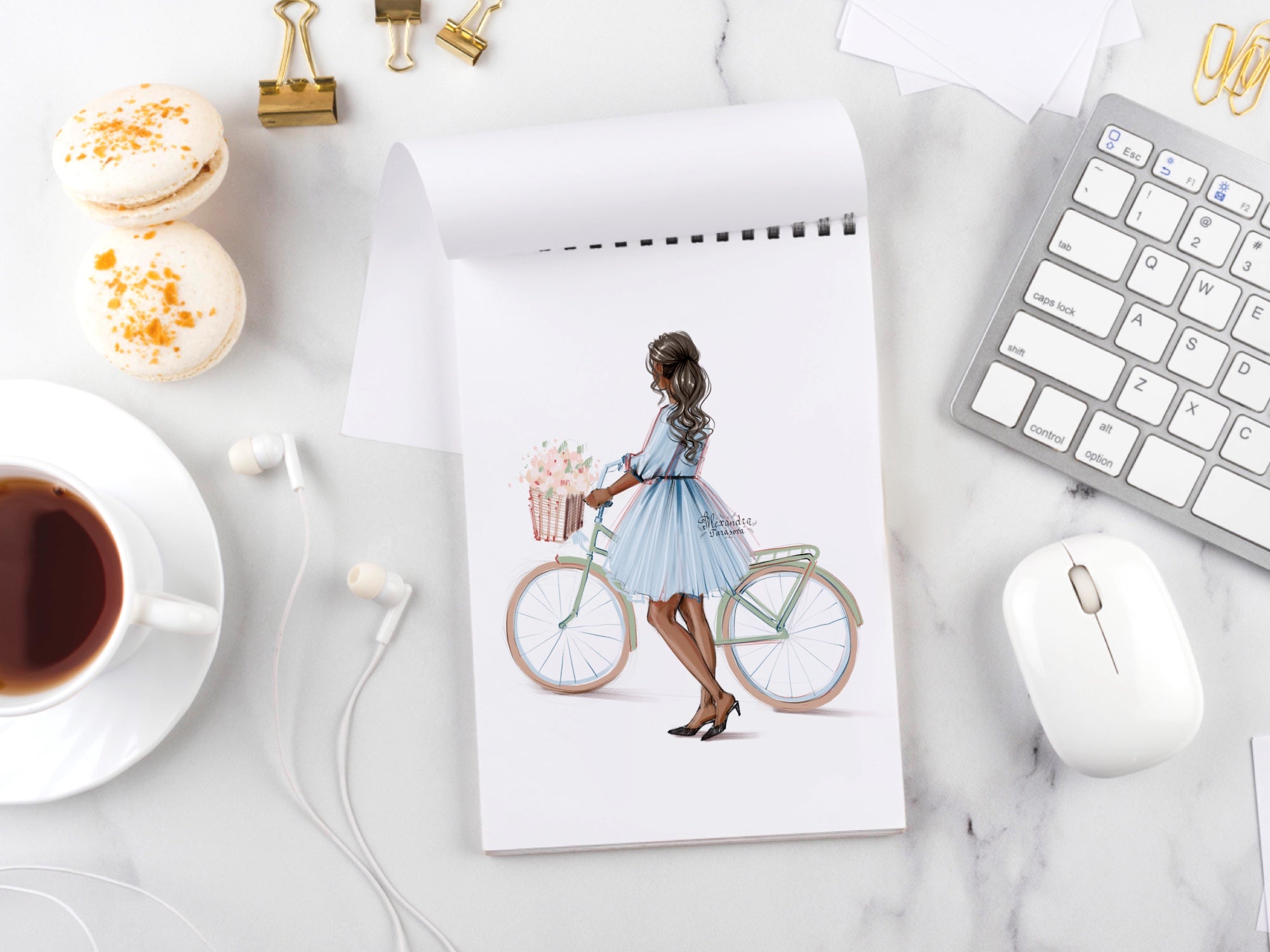 Fashion Girl Digital Watercolor Illustration Summer Flowers Blue Dress Trendy Hairstyles Bicycle Clipart Stickers