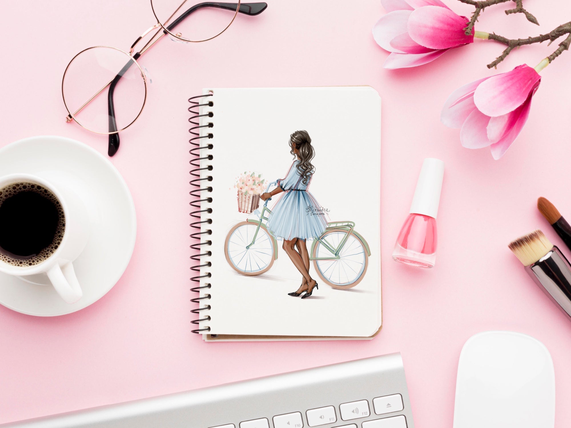 Fashion Girl Digital Watercolor Illustration Summer Flowers Blue Dress Trendy Hairstyles Bicycle Clipart Stickers