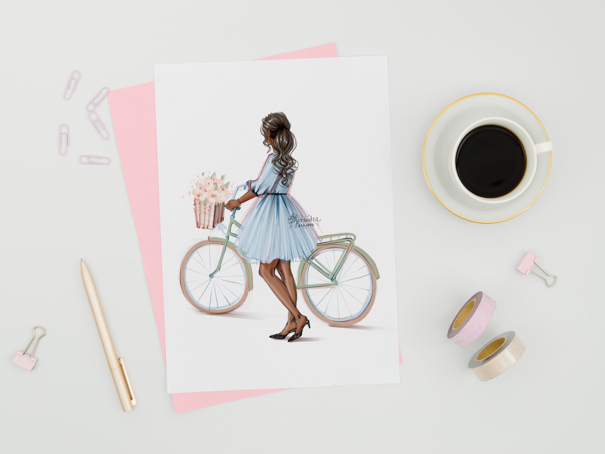 Fashion Girl Digital Watercolor Illustration Summer Flowers Blue Dress Trendy Hairstyles Bicycle Clipart Stickers