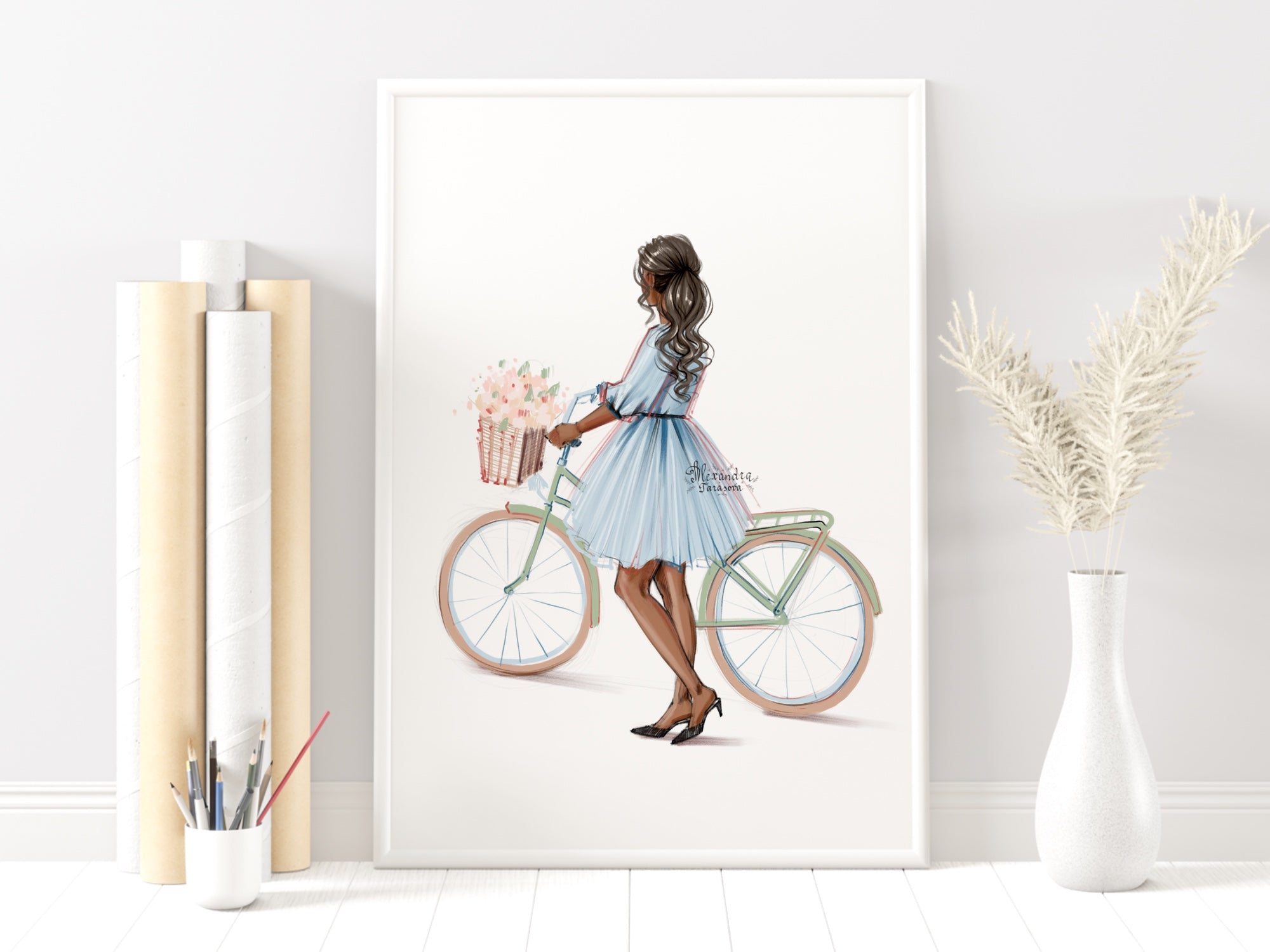 Fashion Girl Digital Watercolor Illustration Summer Flowers Blue Dress Trendy Hairstyles Bicycle Clipart Stickers