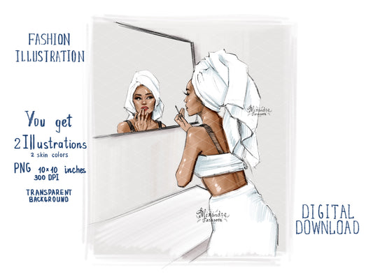 Digital Watercolor Illustration Fashion Girl Bathroom Clip Art Instagram Story Highlights Cover Cozy Girly Clipart African American Girl