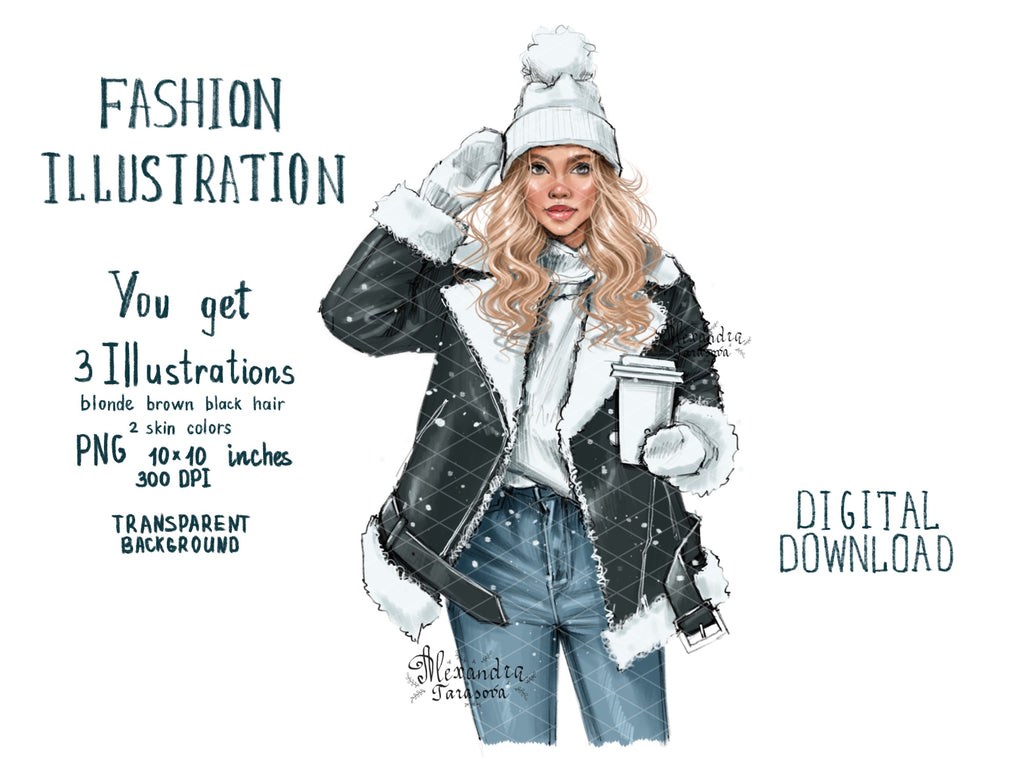 Digital Watercolor Illustration Fashion Girl Winter Jacket Christmas Holiday Coffee Cup Beauty Girl Clipart Stickers Planner Dashboard
