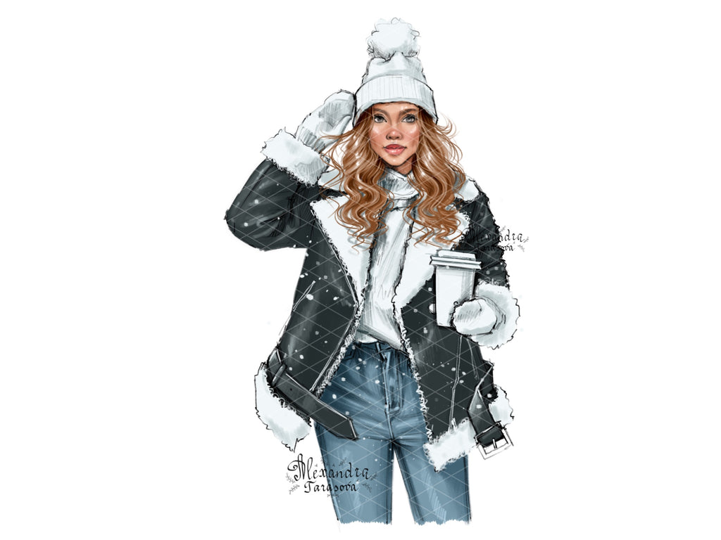 Digital Watercolor Illustration Fashion Girl Winter Jacket Christmas Holiday Coffee Cup Beauty Girl Clipart Stickers Planner Dashboard