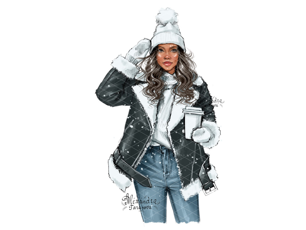 Digital Watercolor Illustration Fashion Girl Winter Jacket Christmas Holiday Coffee Cup Beauty Girl Clipart Stickers Planner Dashboard