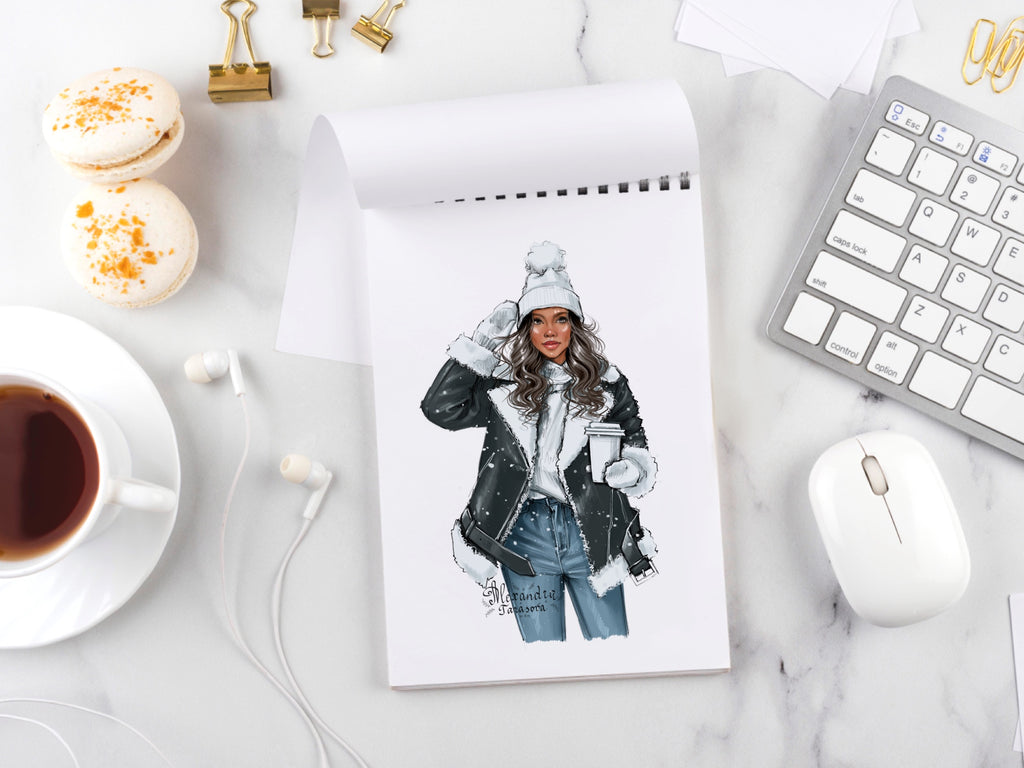 Digital Watercolor Illustration Fashion Girl Winter Jacket Christmas Holiday Coffee Cup Beauty Girl Clipart Stickers Planner Dashboard