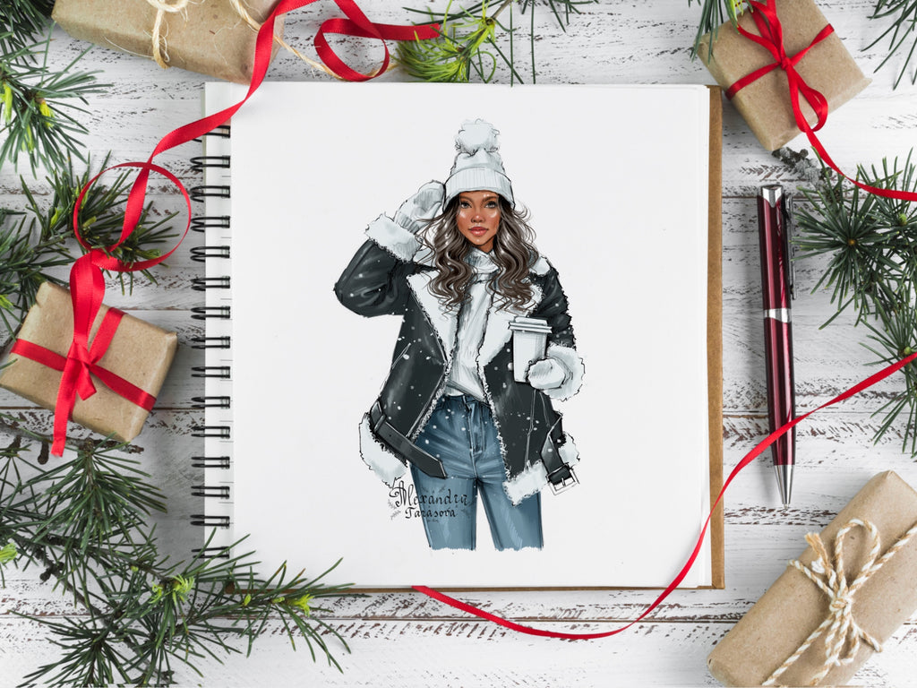 Digital Watercolor Illustration Fashion Girl Winter Jacket Christmas Holiday Coffee Cup Beauty Girl Clipart Stickers Planner Dashboard